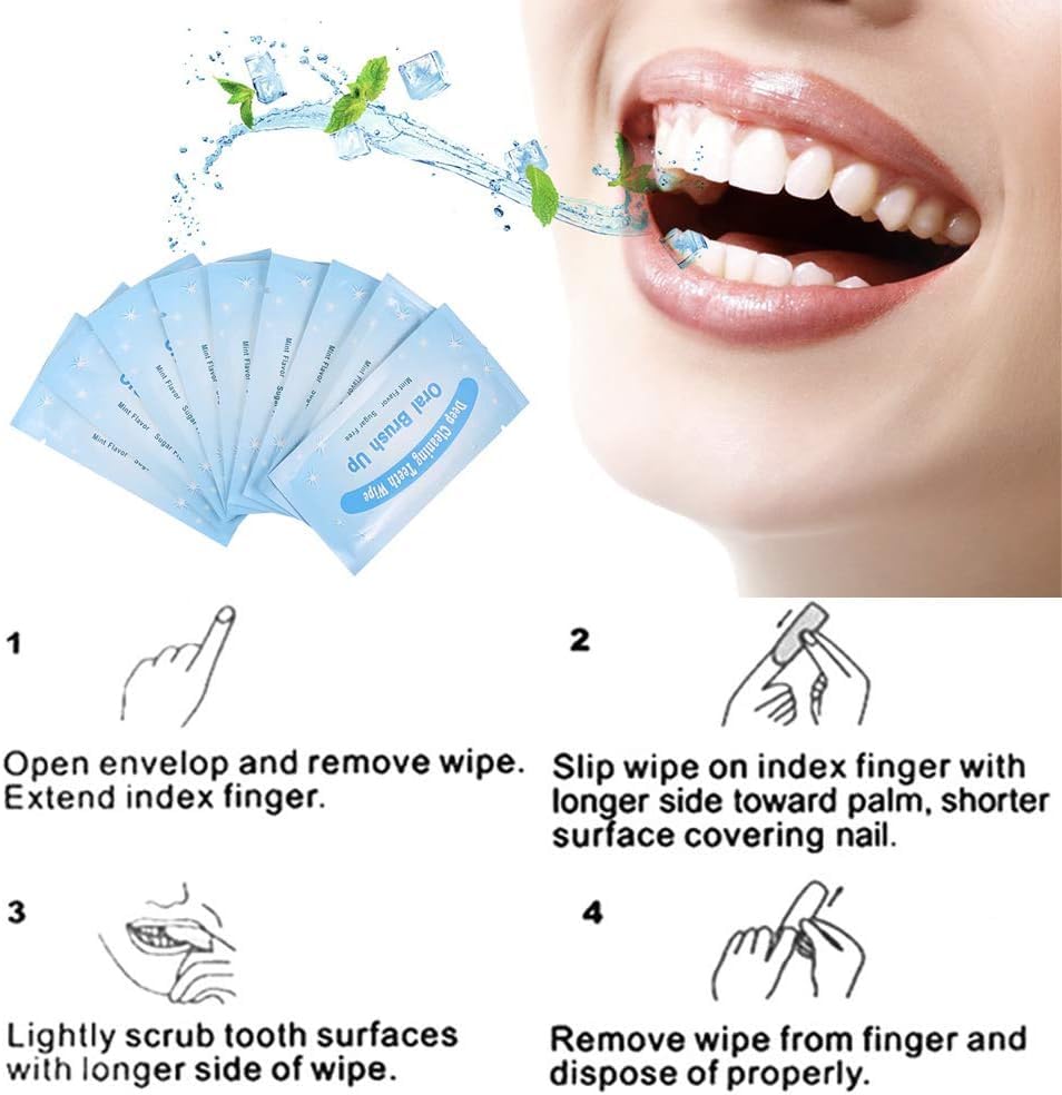 Image of 100Pcs Finger Teeth Wipes, Dental Floss Wipe Cloth Tooth Cleaning Tool for Oral Deep Cleaning Teeth Whitener Strips Dental Finger Toothbrush Oral Finger Wipes Removing Teeth Stains