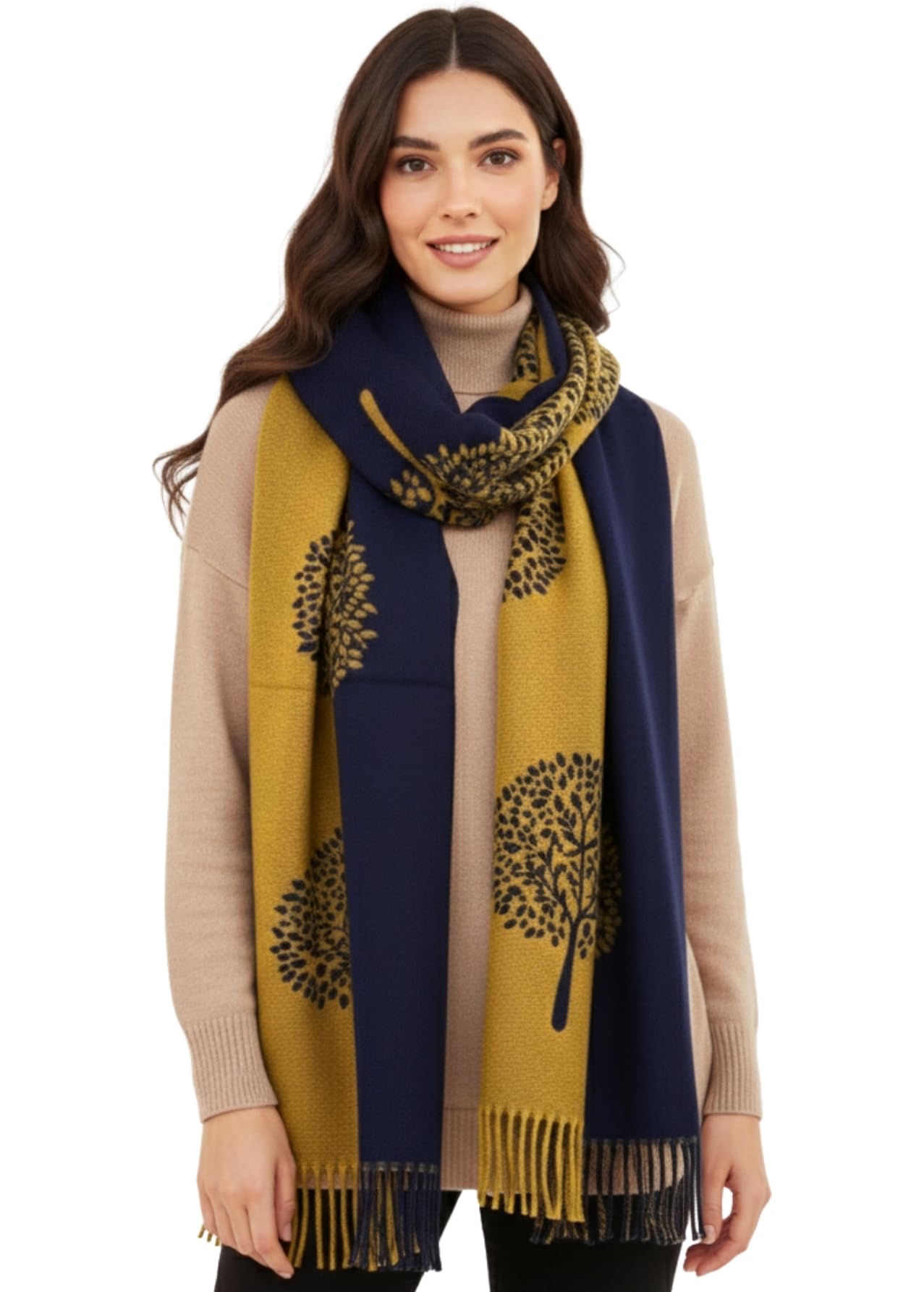 The Accessory Co. Women's Nv Yellow Cashmere Tree Life Blanketscarf - Reversible Pashmina Shawl, Winter Warm Scarf, Large Wrap, Tree Of Life Print Scarves, Long Wraps, Gift (Nv Yellow)