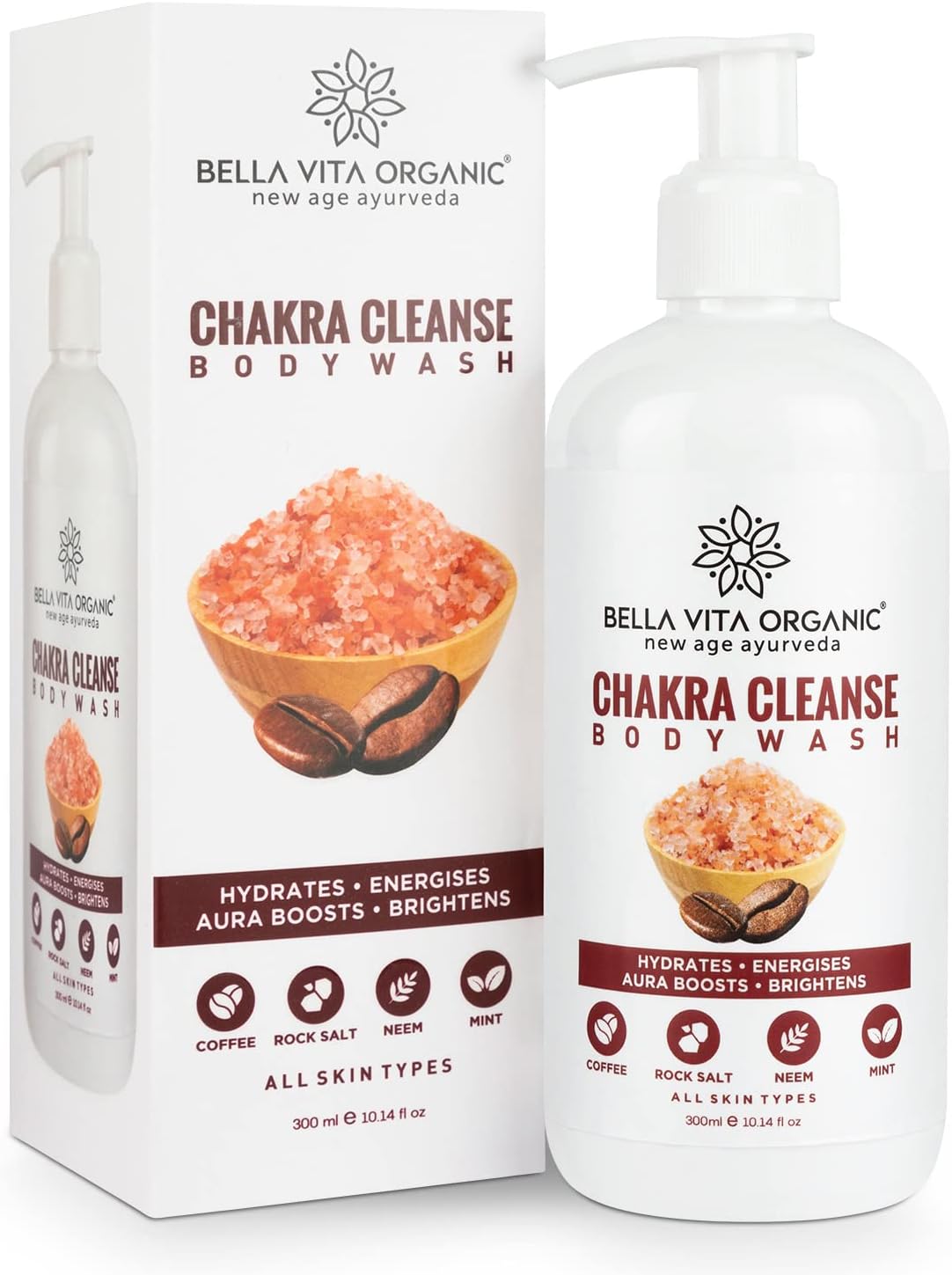 Bella Vita Organic Chakra Cleansing Body Wash Shower Gel Aura Boosting Positivity With Himalayan Rock Salt, Real Coffee Beans & Essential Oils