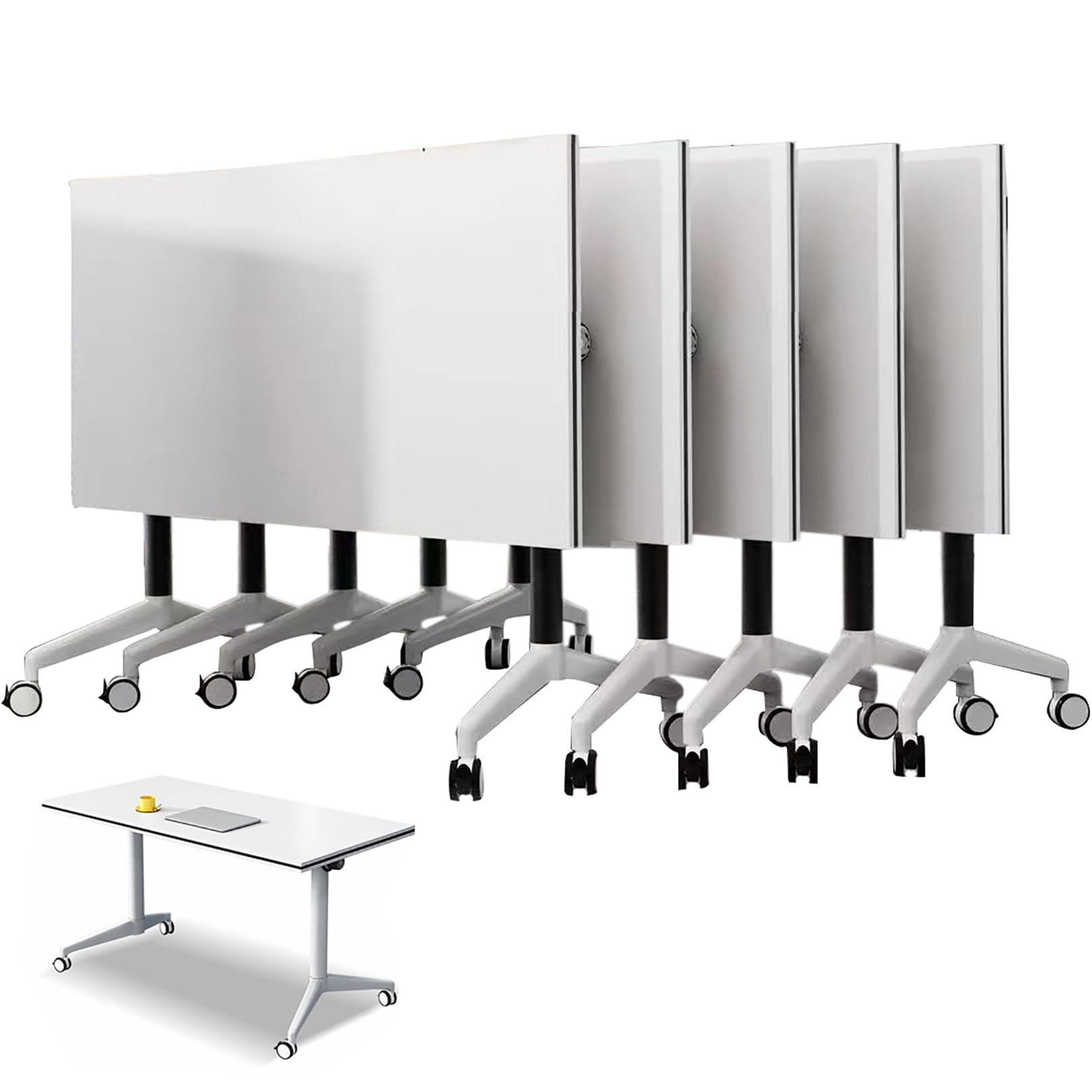 Set di 5 tavoli pieghevoli per sale conferenze con ruote bloccabili, dimensioni 140x40x75 cm. Tavolo mobile per formazione, ufficio, aula, tavolo da ufficio con piano ribaltabile, tavolo per