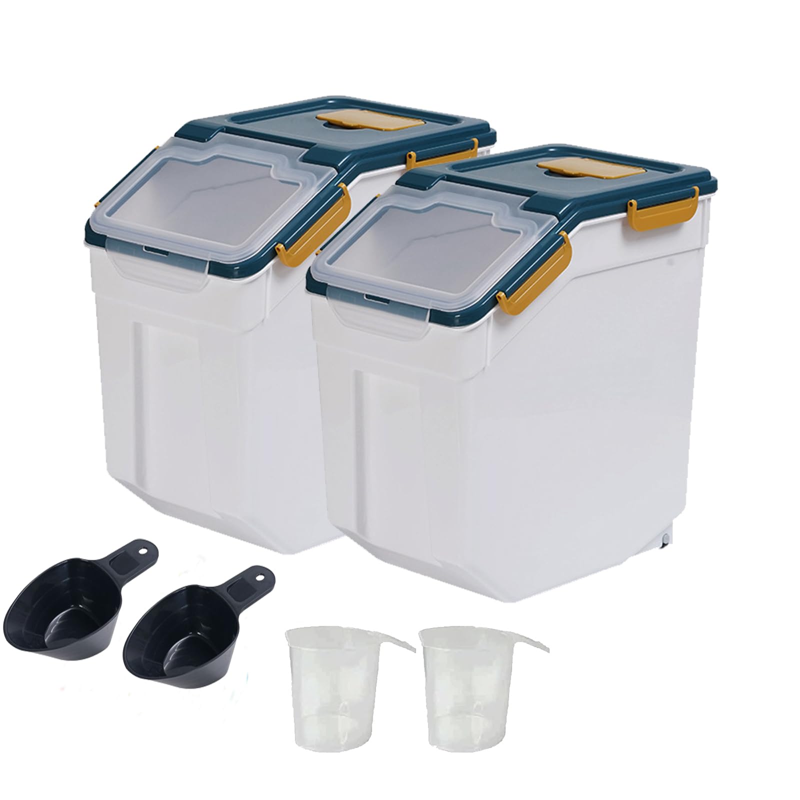 Photo 1 of **ONE IS MISSING LID DOOR**Begino Large Flour Storage Container Bin 25lb, 2Pack Airtight Rice Storage Containers with Wheels Seal Locking Lid, BPA Free with Measuring Cup&Scoop for Flour, Rice, Grain(Blue)