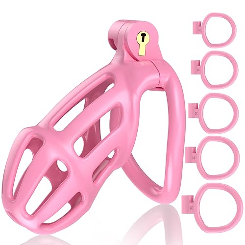 Chastity Cage Male Sex Toys, Chastity Devices Bondage Cock Cage for Men Penis Erection Control, 3D Printing Male Chastity Lock Lightweight Penis Cage with 5 Ball Rings, Sex Toys for Men - A-pink - Small