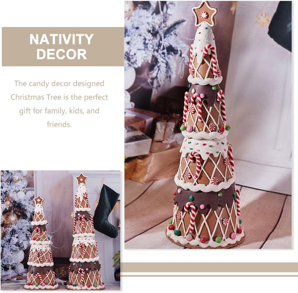 Gingerbread Christmas Cone Tree Decorative Faux Tree Figurines with Frosting and Candy Accents Holiday Table Centerpiece Decorations Festive Winter Tabletop Home Decor