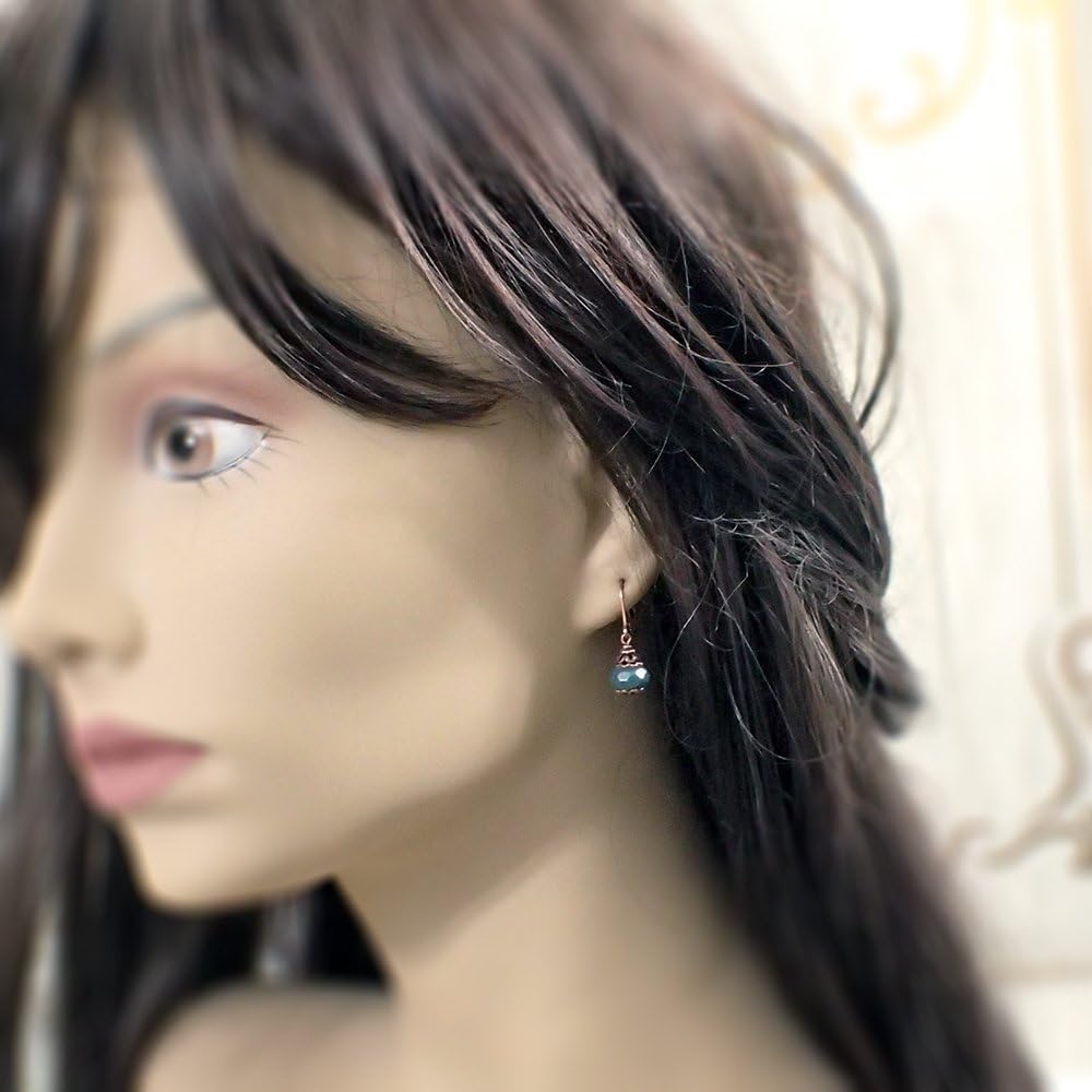 Dark Teal Czech Glass Bead Lever Back Earrings in Antiqued Copper Color