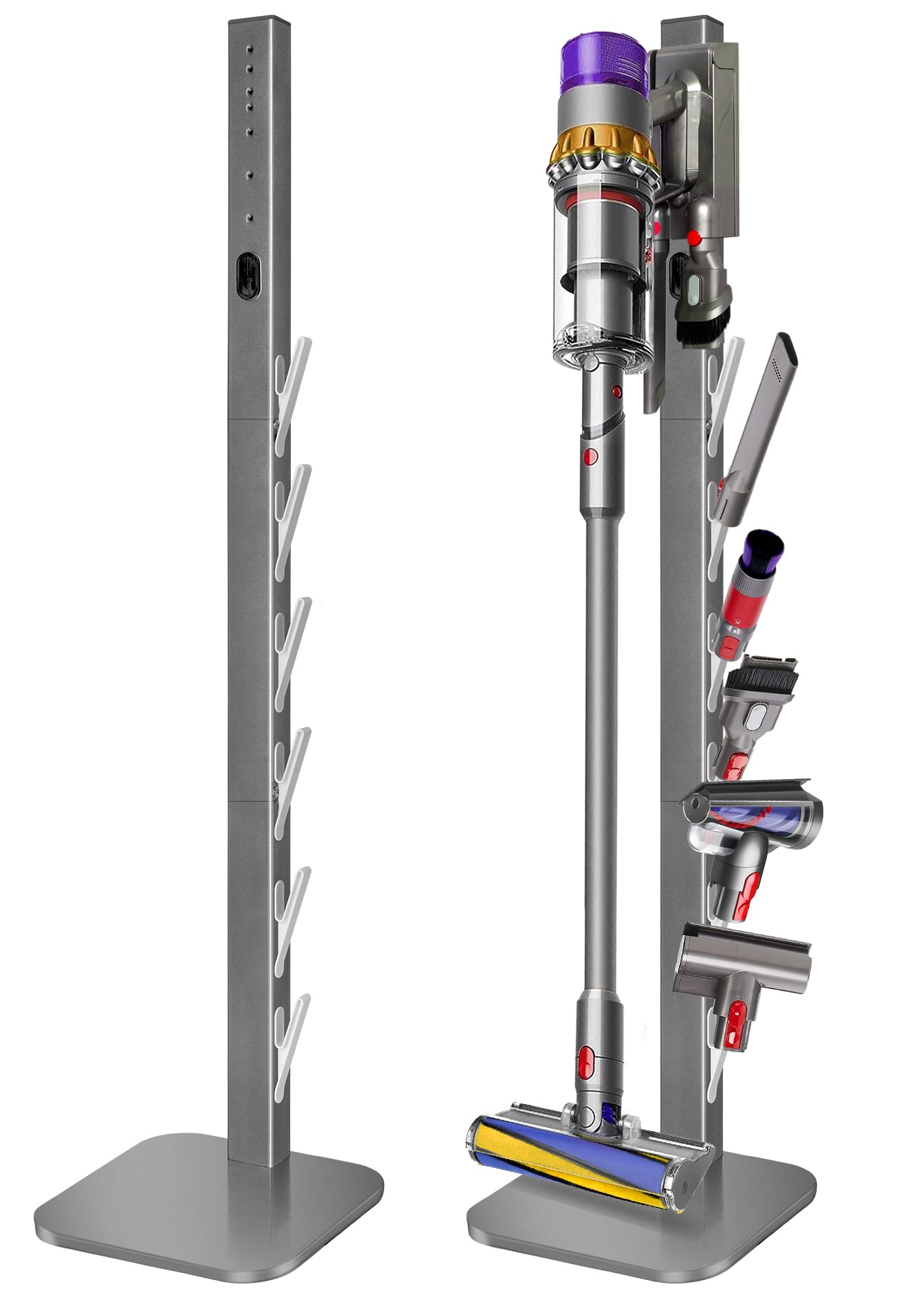 Staubsaugerhalter für Dyson Gen5,G5,V15,V12,V11,V10,V8,V7,V6, freistehende bohrfreie Bodenhalterung mit 6 Haken, Kabelmanagement, schwere Metall-Gewichtsbasis, Staubsaugerzubehör Aufbewahrung, Silber Küche, Haushalt & Wohnen