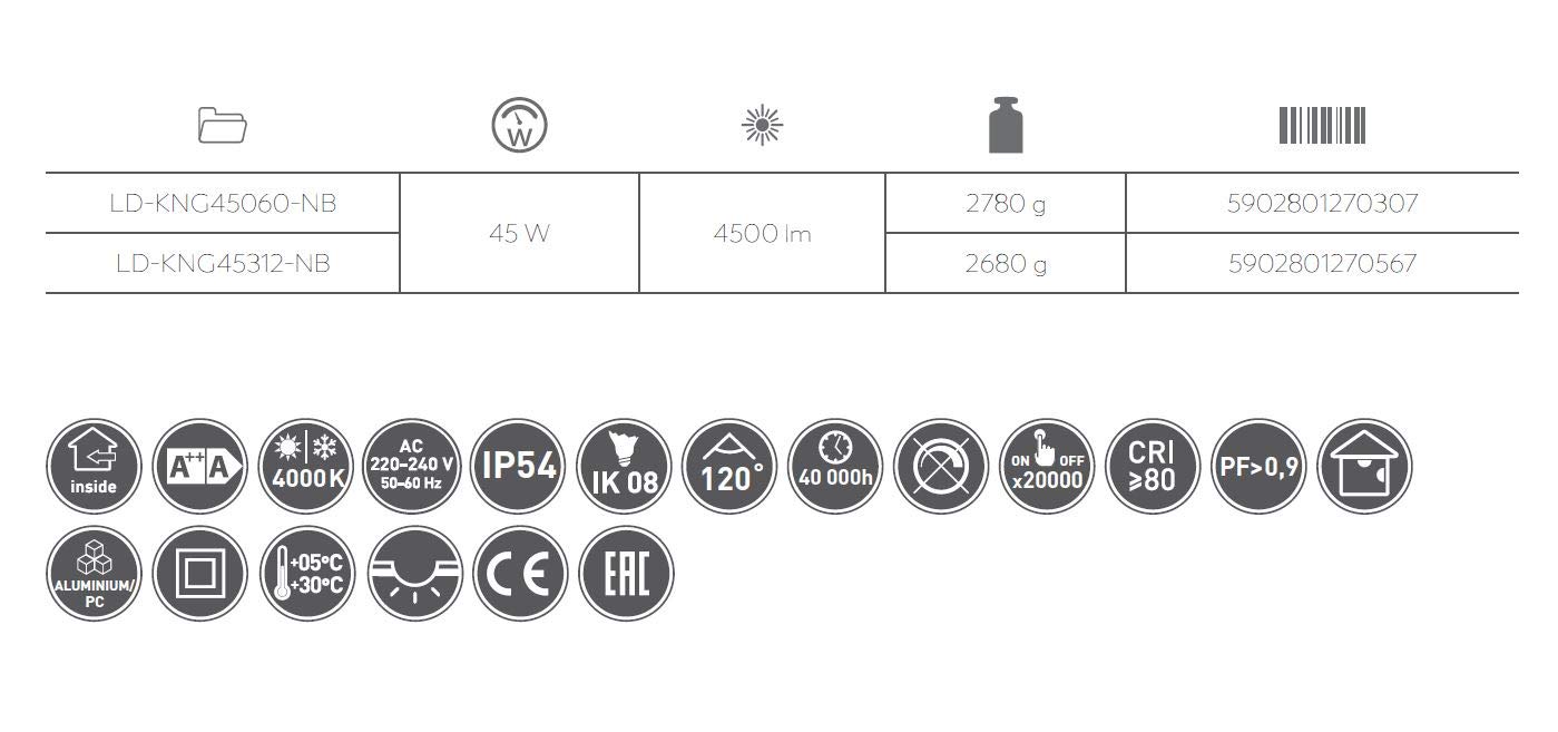Pannello LED KING+ 45 W, 4500 lm, AC 220-240 V, 50/60 Hz, IP54, 120 x 30 cm, bianco neutro, bianco