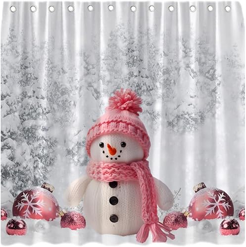 Miniatura 4 de Cortina de ducha con diseño de muñeco de nieve de invierno, diseño de muñeco de nieve rosa, bola de Navidad, copo de nieve, bosque nevado, Feliz