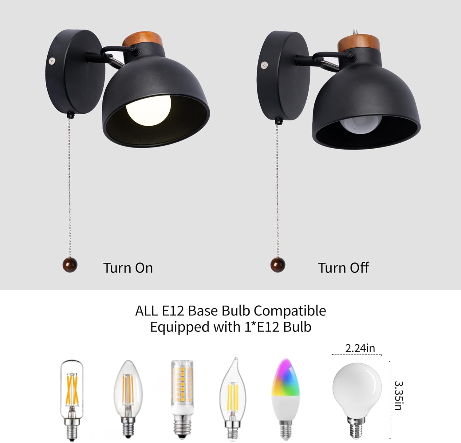 Aisilan Wall Sconce with Pull Chain Black Metal Wall Light for Bedside Wooden Indoor Wall Mounted Lamp with E12 Bulb Hardwire Wall Sconces for Bedroom Living Room Hallway Office 3000k Warm White