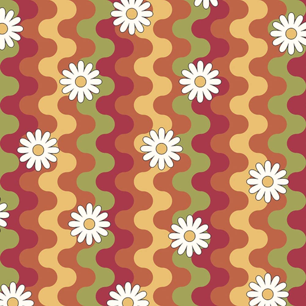 Oh Sew Crafty Limited Retro Polycotton Fabric Sunset Daisies Daisy Floral Flower Rainbow Wavy (Retro)