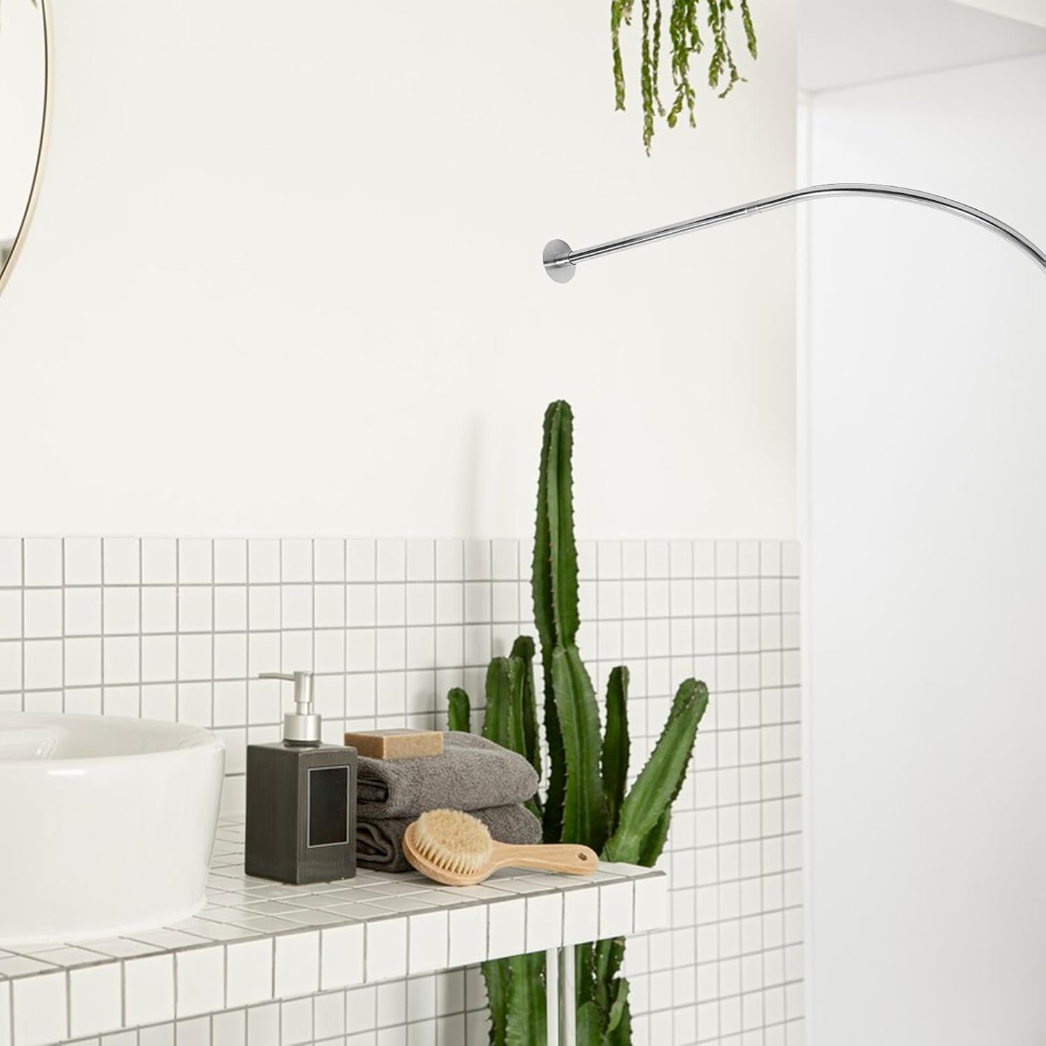 Curved L Shape Shower Curtain Rod Retractable Stainless Steel Tension Curtain Rod No Drill Bathroom Extendable for Bathtub and Shower