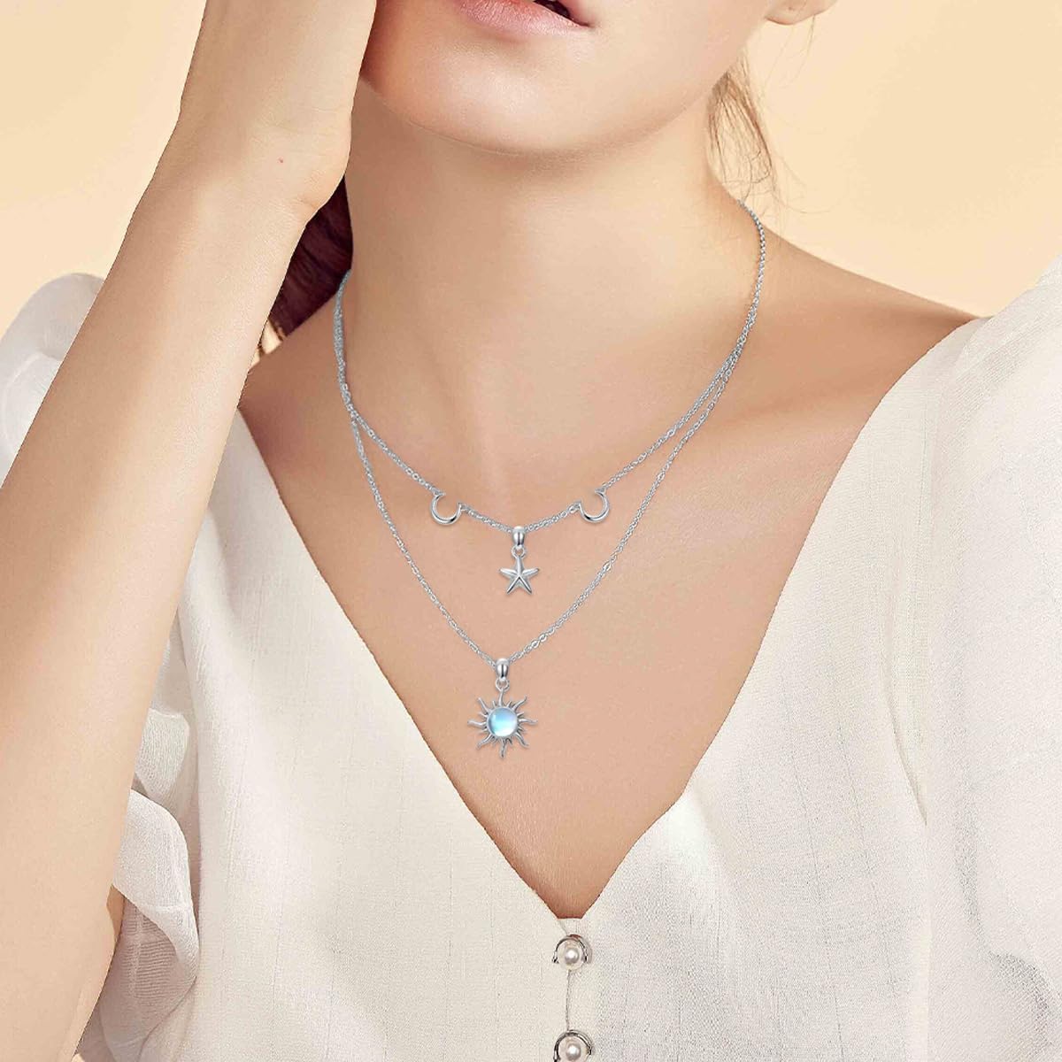LONAGO Sun Star Moon Layered Necklace 925 Sterling Silver Moonstone Sun Moon Star Pendant Jewelry Gift for Women - Image 4