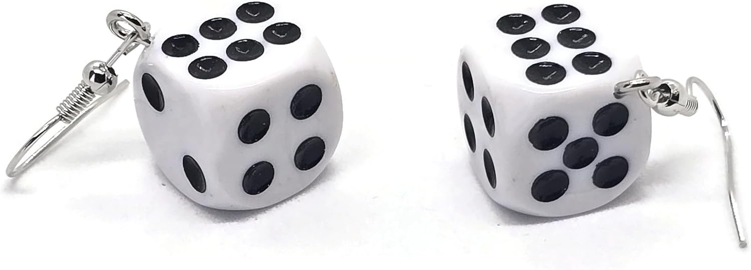White DICE Game Wire Drop Earrings with silver Hooks Clothing Accessory