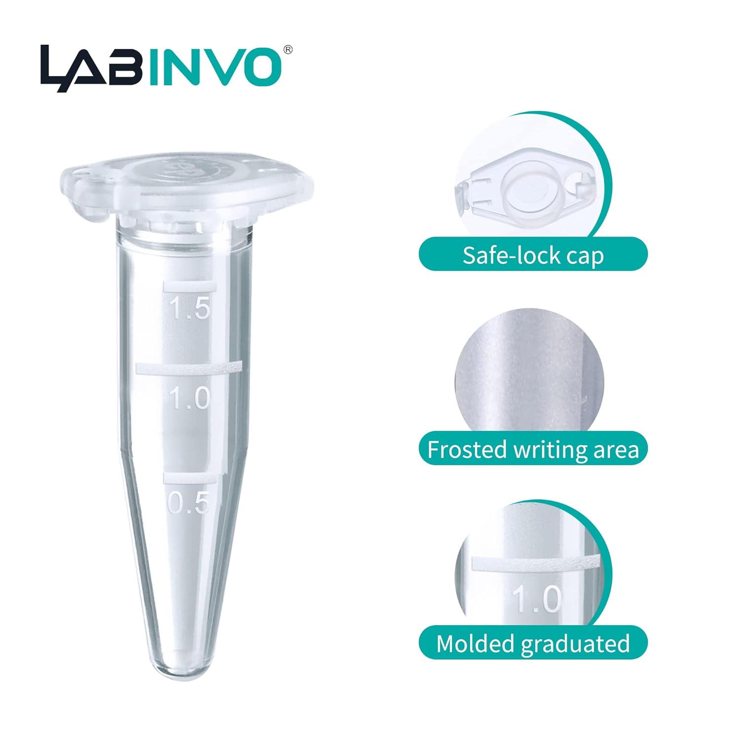 1.5ml Sterile Microcentrifuge Tubes with Safe-Lock Cap, Pack of 500, Max.RCF15000×G Conical Bottom Centrifuge Tubes, PP Material, Molded Graduation 10.6x39.5mm, IN-MT15A