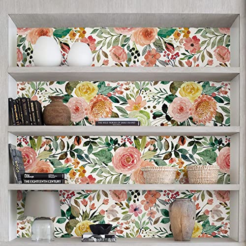 Jiffdiff 393.7" X 17.7" Floral Peel And Stick Wallpaper Floral Wallpaper For Bedroom Living Room Kitchen Cabinets Furniture Multicolor Camellia On Background Decorative, Covering 48.4 Sq.ft #TOP5
