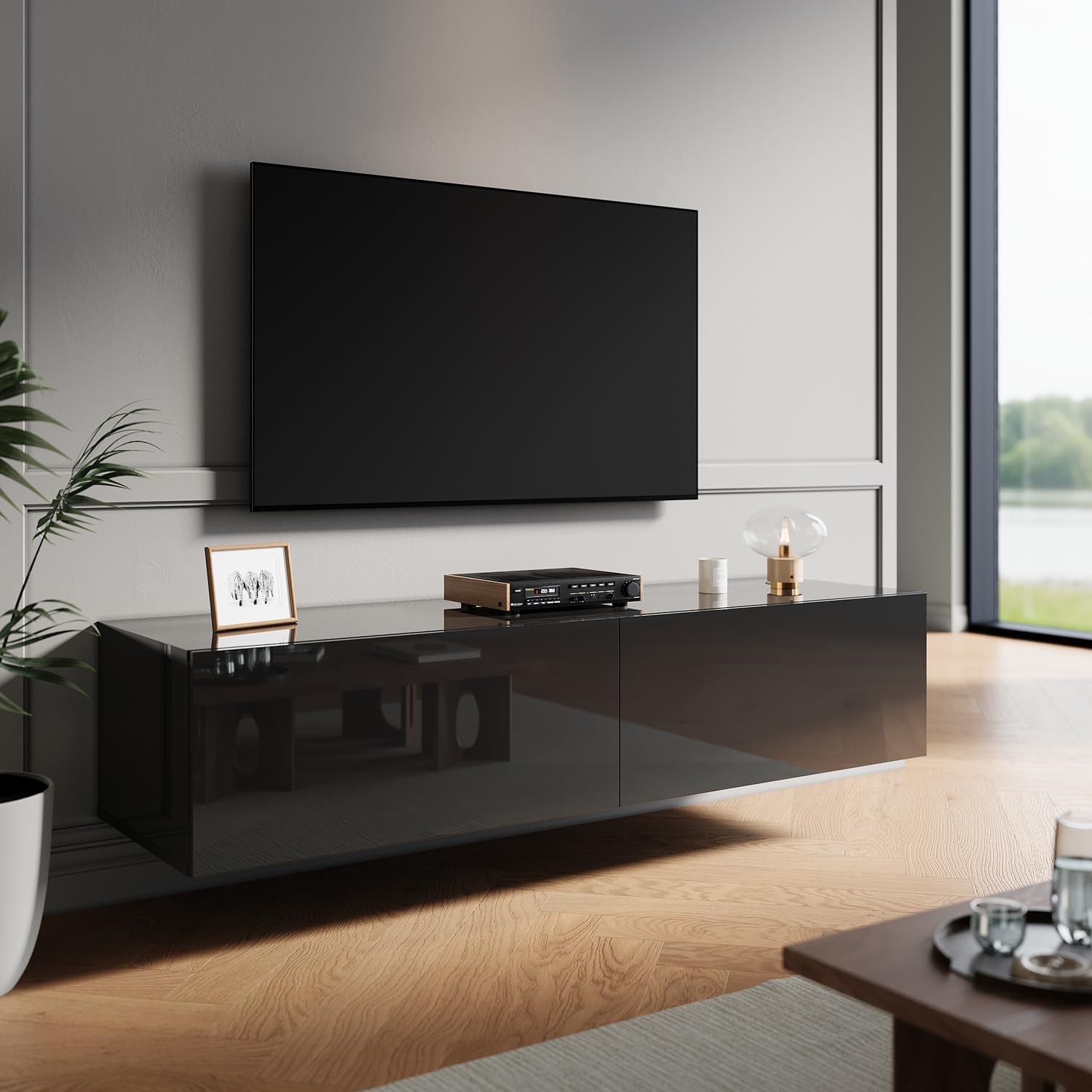 ZANOFIRA Floating TV Stand Cabinet Unit with Hinge LED Sensor Light, High Gloss Black Wall Mounted TV Cabinet with Large Storage Shelves, Modern TV Cabinet for Living Room, 1000 x 400 x 300 mm