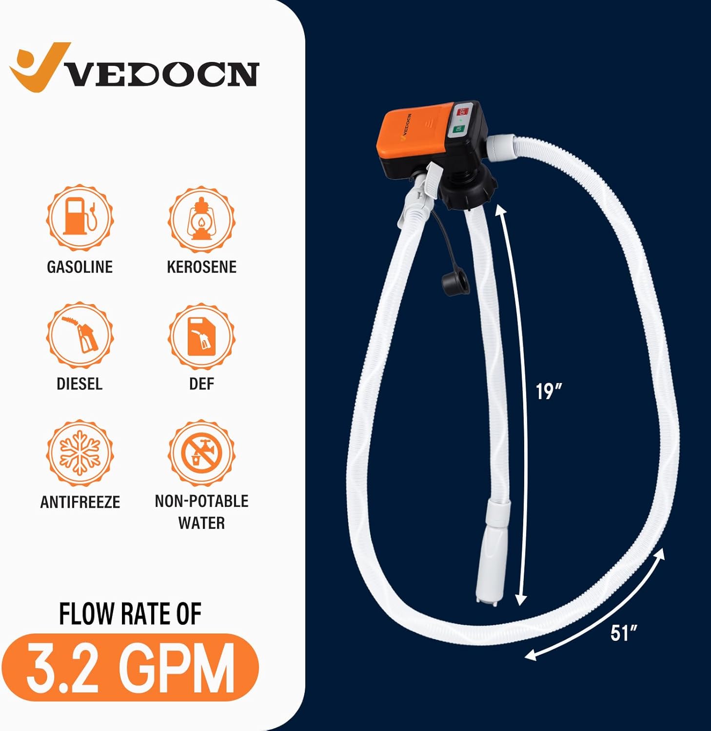 fuel transfer pump with auto stop sensor overfill protection,kit with 4 tank adapter, 4aa battery powered 3.2 gpm, portable gas pump for oil, diesel, gasoline (orange+black)