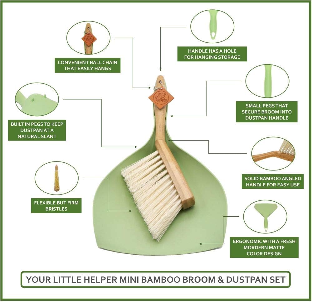 Play Town Your Little Helper Mini Bamboo Broom & Dustpan Set - Earth Friendly Angled Brush with Modern Matte Design, Perfect for Sweeping on Counter, Table & Desk Top, Car & Camp Area : Health & Household