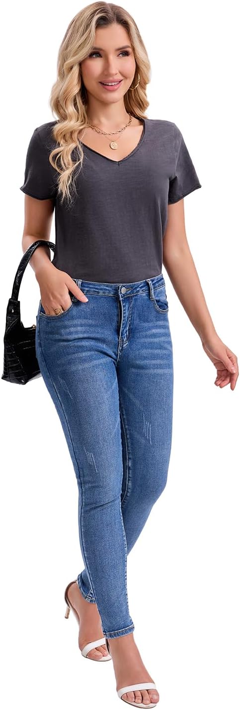 Inadays Womens Slub Cotton T Shirts Short Sleeve V-Neck Raw Hem Summer Tops Loose Fit Tee Basic Clothes Fashion Outfits - Image 6