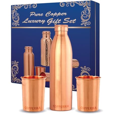 Copperika Classic Diwali Gift Set Copper Water Bottle litre 1000ml + Copper Glass (Pack of 2-300ml Each) Original Heavy Build |BPA Free With Ayurvedic & Other Health Benefits For All Users