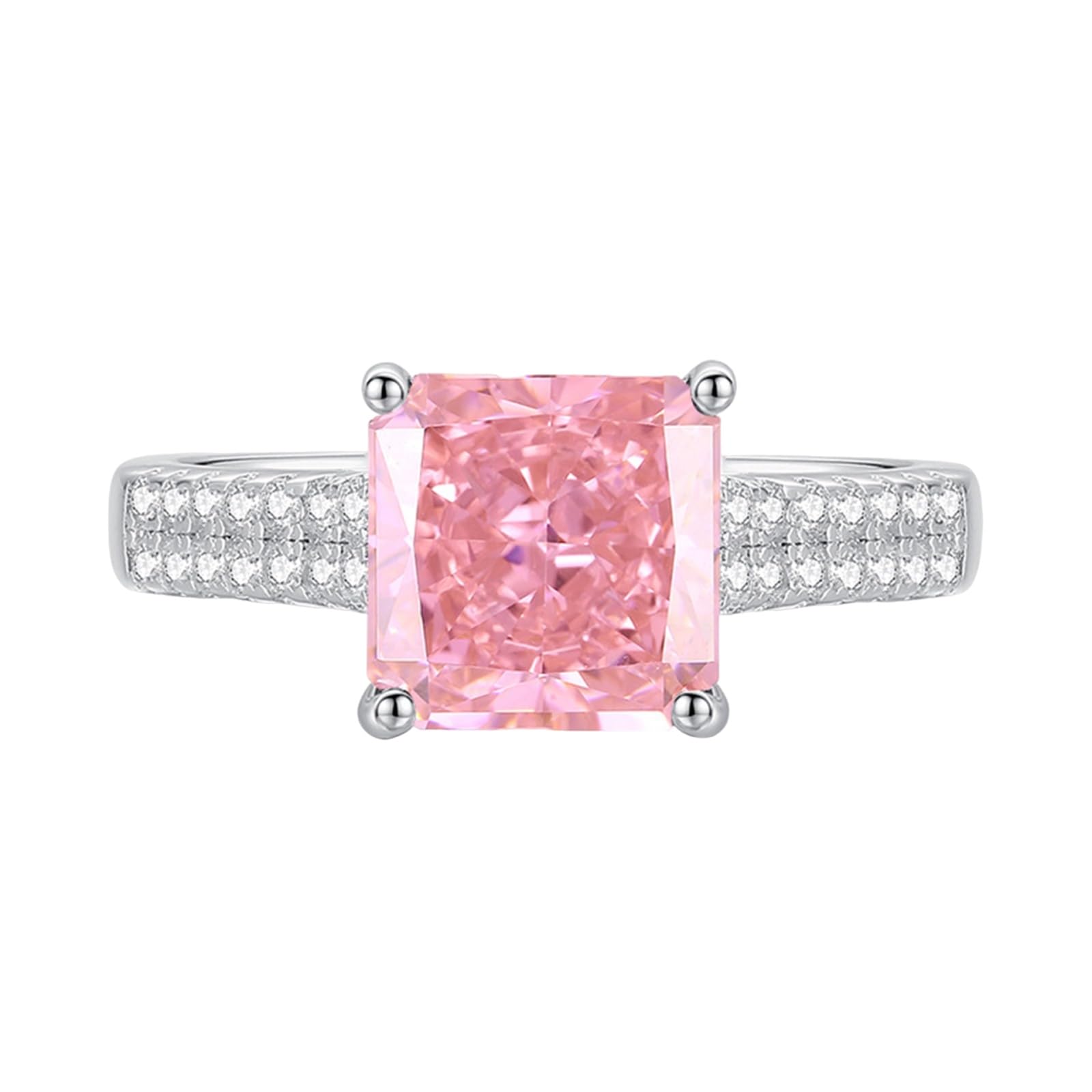 Anello Nuziale, Platino Anello con Zaffiro Padparadscha Quadrato da 3 carati Creato in Laboratorio e moissanite