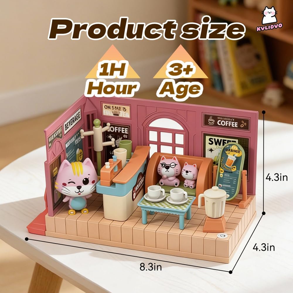 Koko's Cat Town DIY Miniature House Kit,Tiny Pink House Series–Cafes Building Kit,Dollhouse for 3 and up, Dollhouse Building Kit with Cats,Cat Toys Gift for Teens Kids Ages 3+