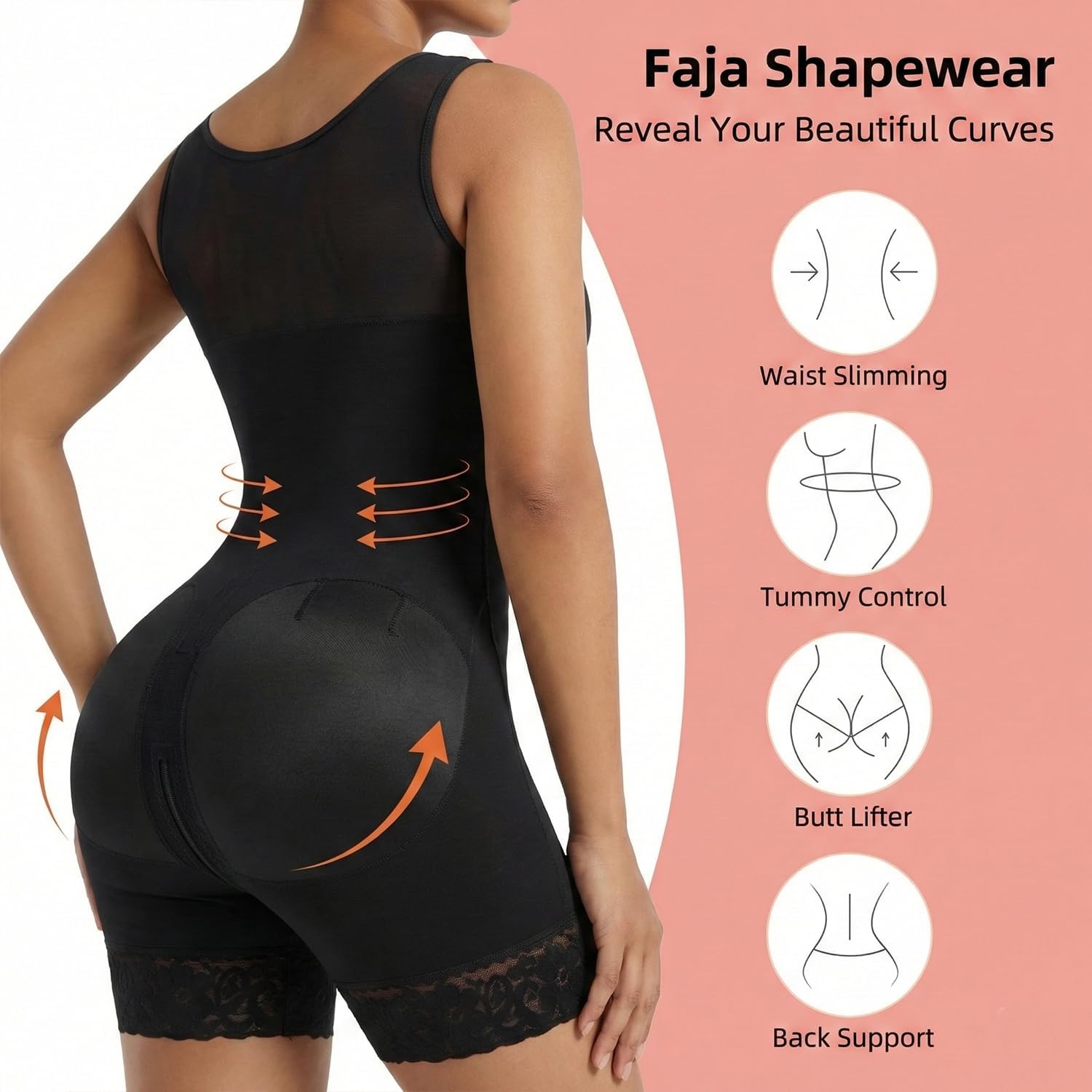 Fajas Colombianas Shapewear for Women Tummy Control Body Shaper Butt Lifter 3-Row Hooks Postpartum Bodysuit