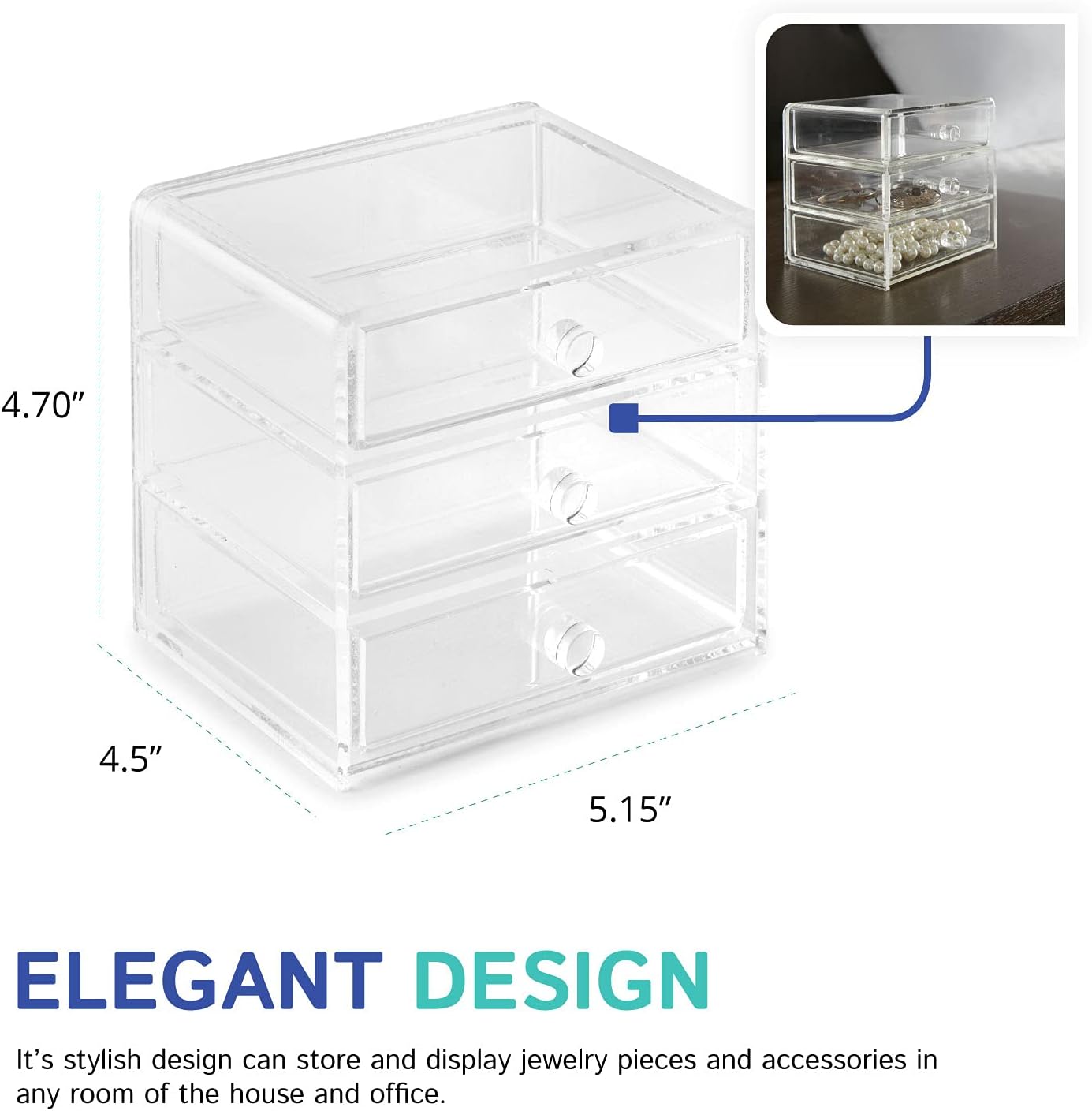 Huang Acrylic Clear Acrylic 3-Drawer Organizer, Large Makeup Jewelry Accessories Cosmetic Countertop Storage Display 5.15 x 4.7 x 4.5 inches