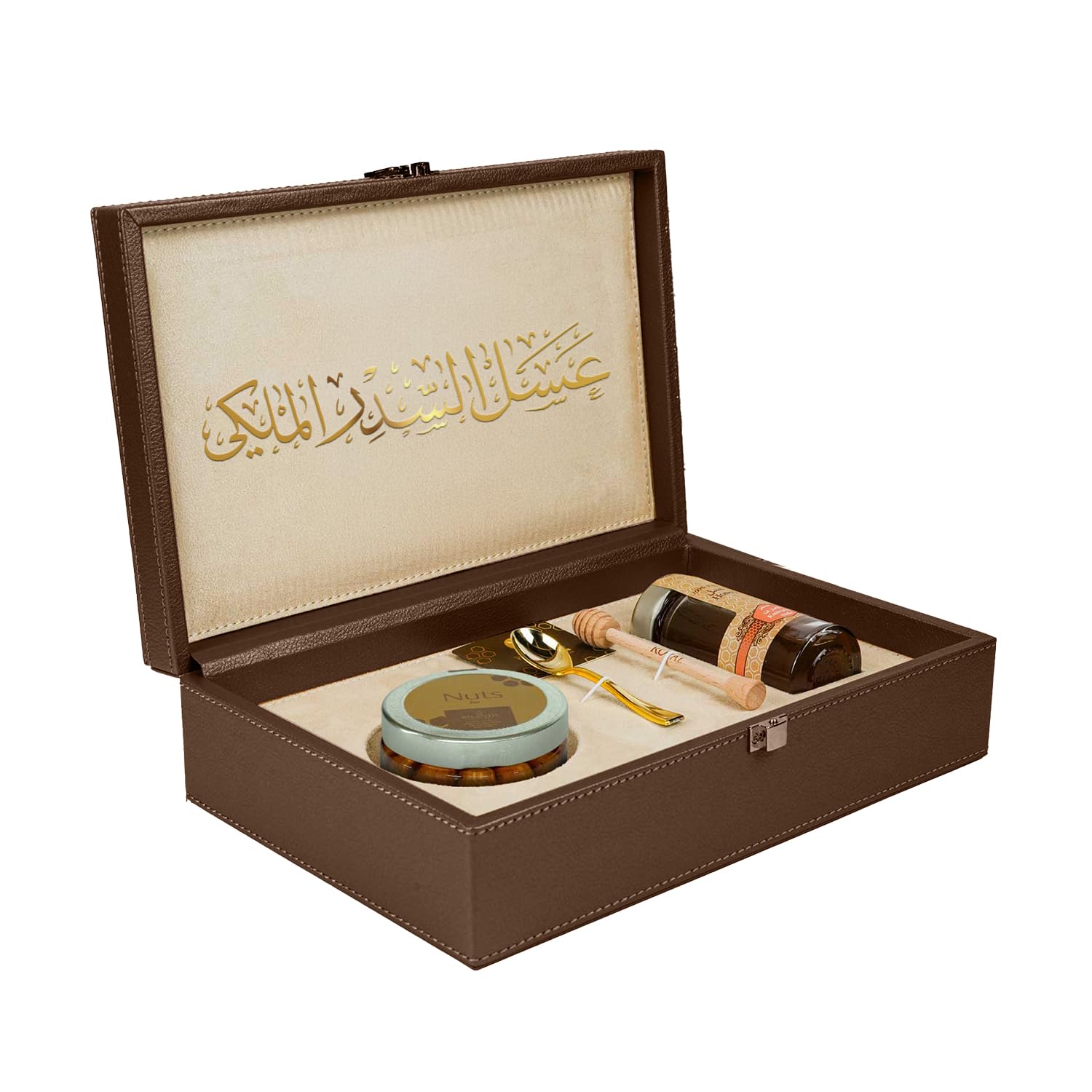 Al Malaky’s Royal Leather Box With 140g of 100% Natural & Pure Emirates Sider Honey + 70g Honey With Premium Nuts (Brown)