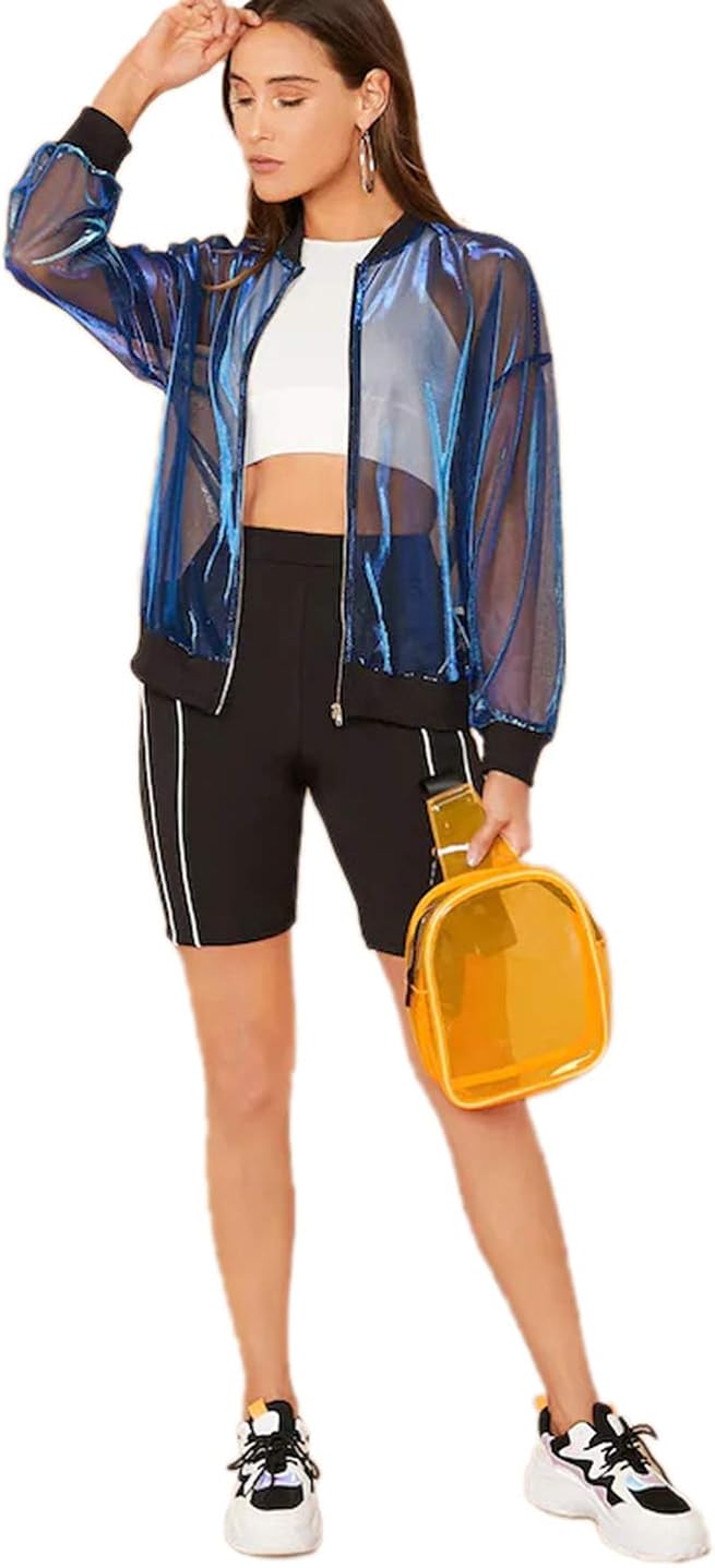 Romwe Women's Long Sleeve Stand Collar Zipper Front Sheer Mesh Hooded Jacket : Clothing, Shoes & Jewelry