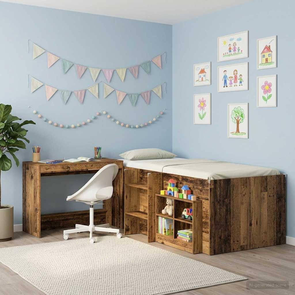 Escritorio para cama de madera recuperada, 100 x 45 x 75 cm, con cajón y estante, como mesa para ordenador portátil para oficina en casa, para dormitorio y estudio