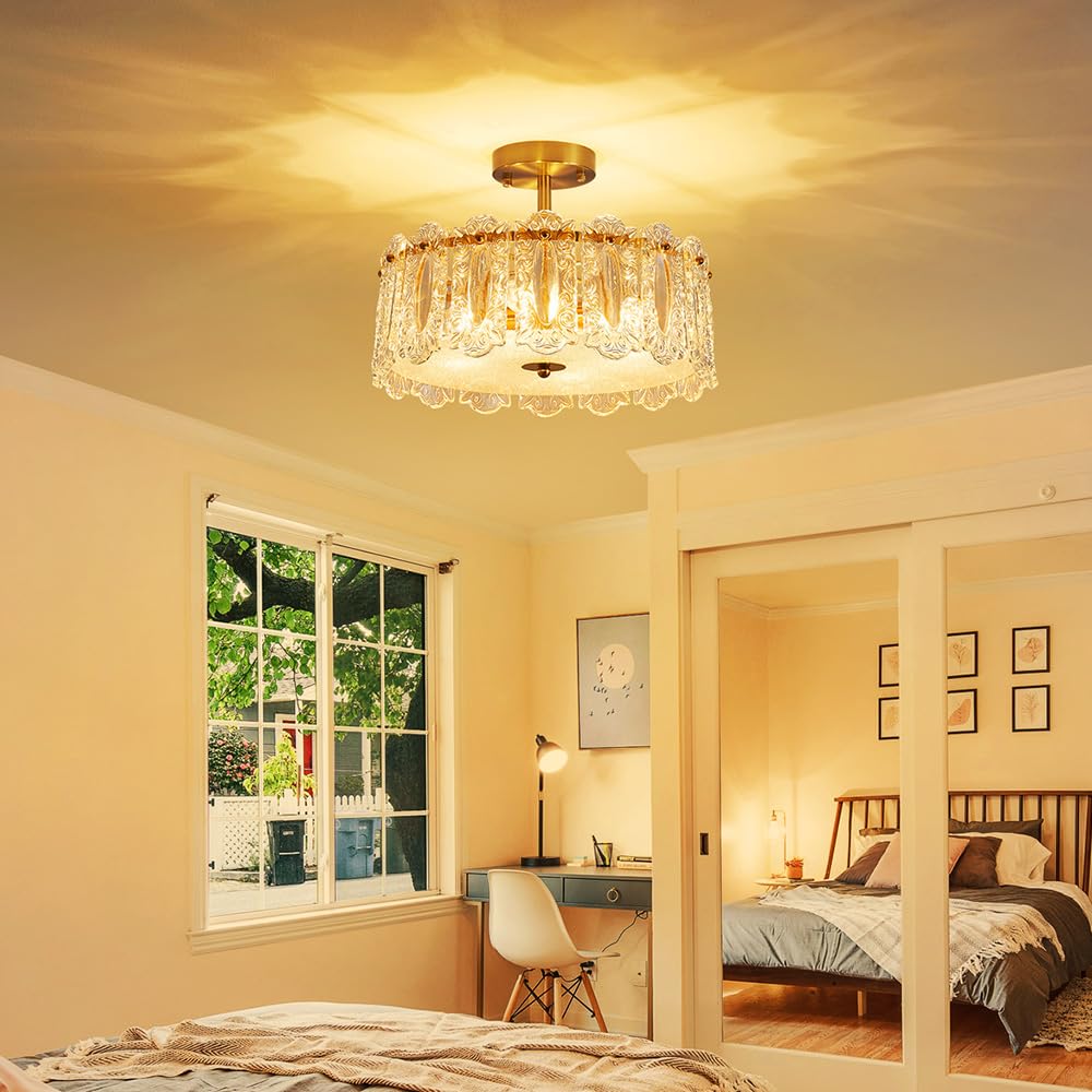 SM Saint Mossi plafonnier en verre de cristal, plafonnier moderne semi-encastré, D14,6 x H9,5, culot E14, 4 lumières, finition cuivre