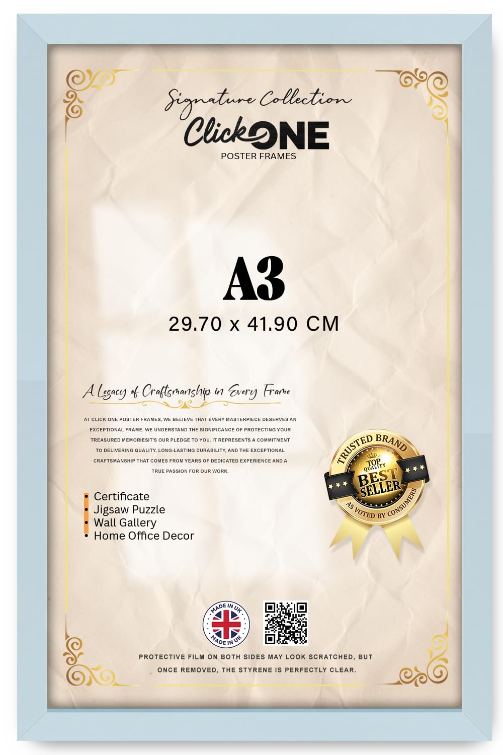 Click One A3 Frame – Sleek Light Grey MDF Flat Style 42x29.7 cm, 30mm Width x 15mm Depth, Premium Wall Display for Photos, Posters & Certificates in Modern Interiors