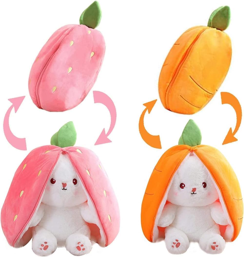 MOKRUSH Plush Toy Big 34 CM Pillow, Reversible,Cute Rabbit Sofa Pillow, Easter Bunny Stuffed Animal Cute Rabbit Plushie Birthday Gift for Boys Girls and Kids (Strawberry + Carrot)
