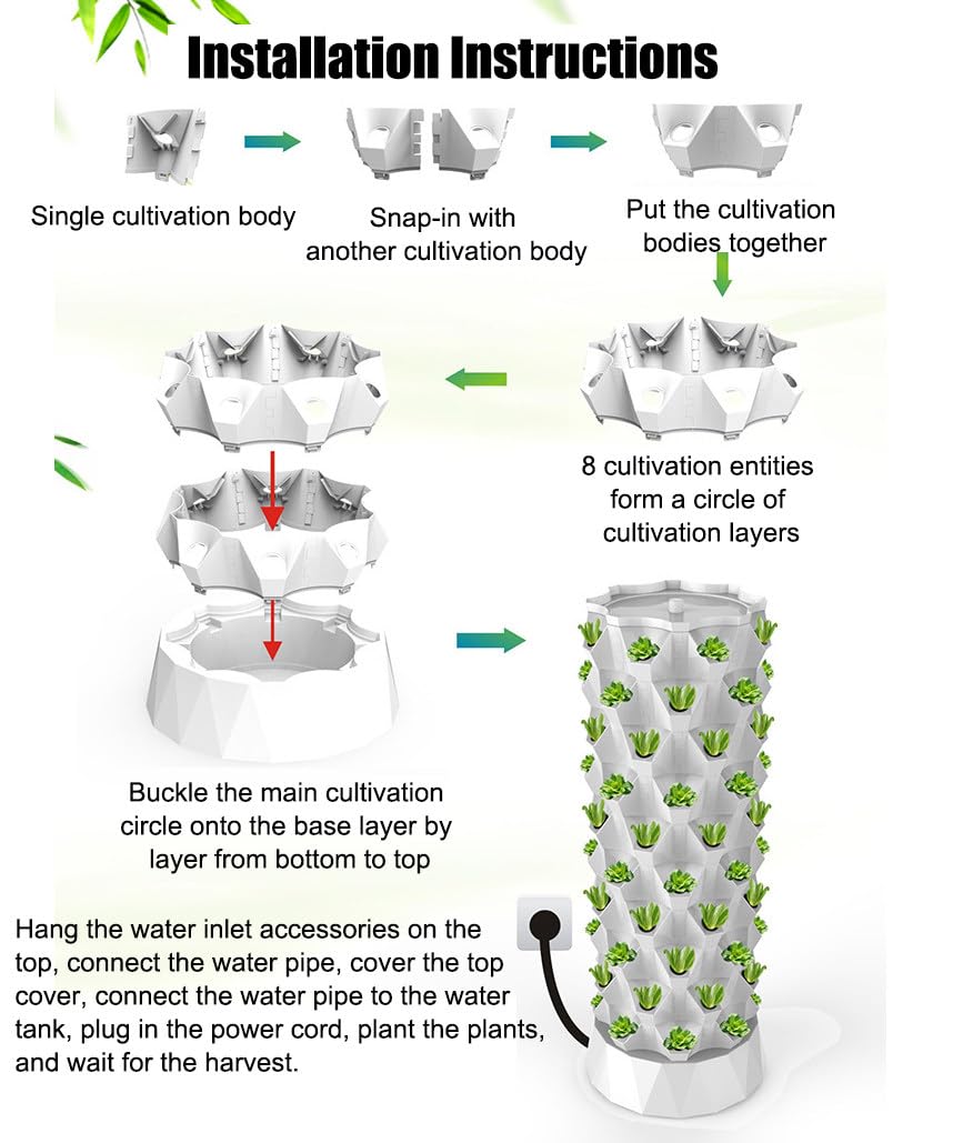 Hydroponic Tower Garden - Roztwór do uprawy warzyw, ziół i truskawek, 48 otworów