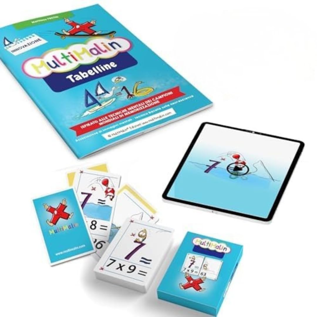 MultiMalin Tabellines per bambini - Tabelline Gioco : 1 DVD dei cartoni + Accesso Online - 1 libro di apprendimento - 1 set di 56 carte - 1 poster ; Metodo di Apprendimento per Tutti