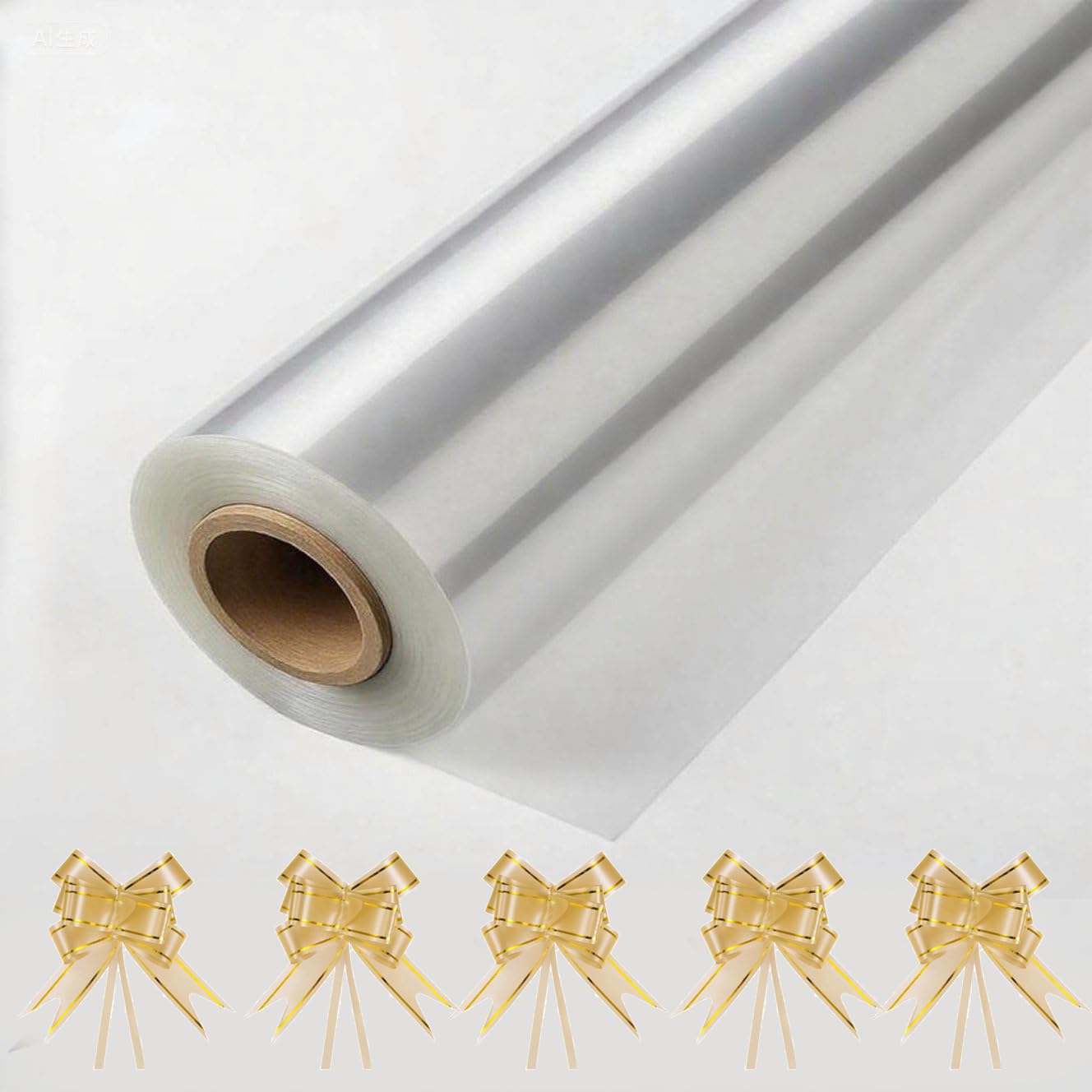 DYFHOJU clear cellophane wrap roll 80cm x 15m with 5 gold pull bows - 3 Mil clear cellophane wrap for hampers, ideal for gift wrapping, florist packing, basket hampers & crafts，Holiday Gifts