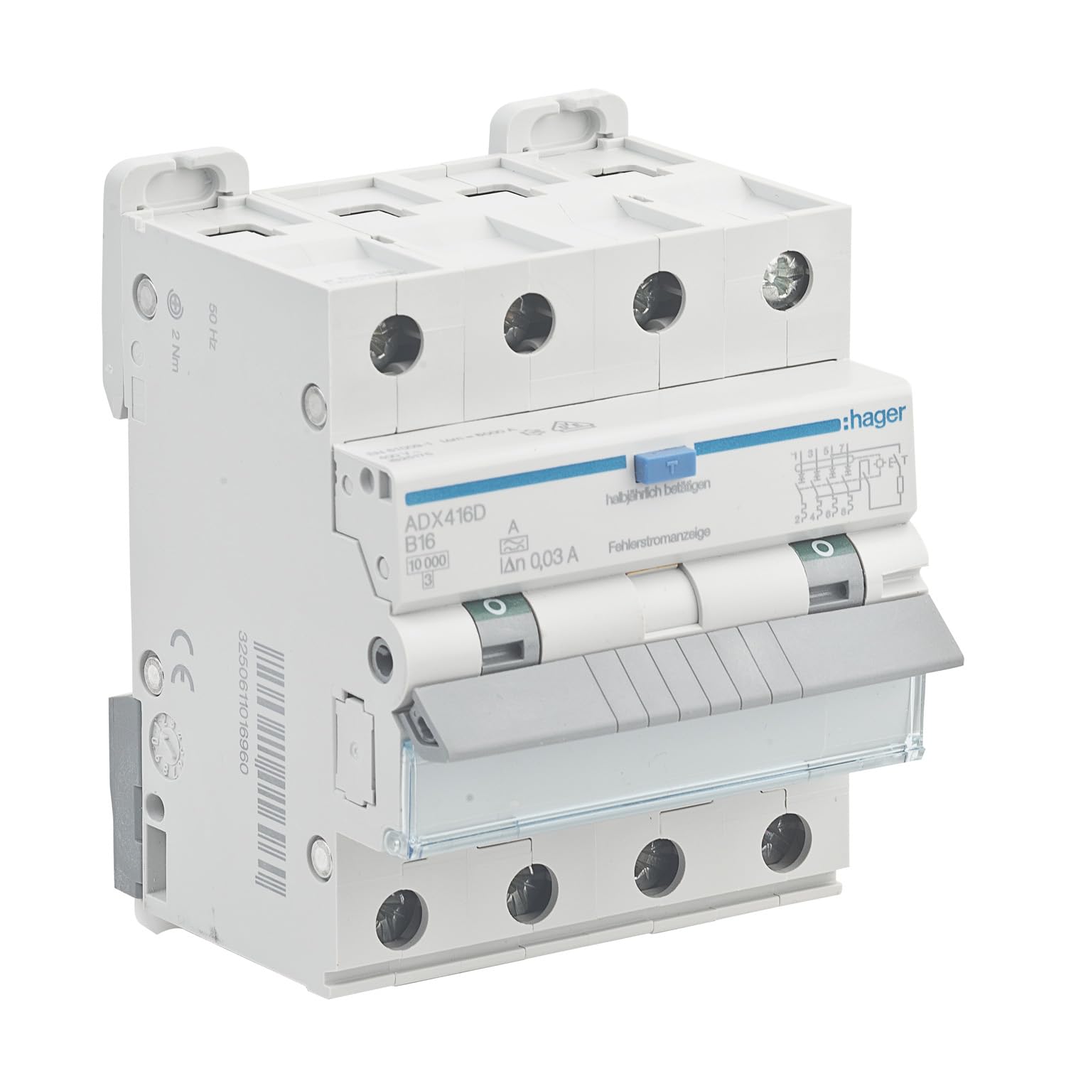 HAGER ADX416D FI/LS-Schutzschalter kompaktes Gerät B16A 3-polig 3P+N, integrierter FI-Schutzschalter 30mA nur 71mm Breite 4TE