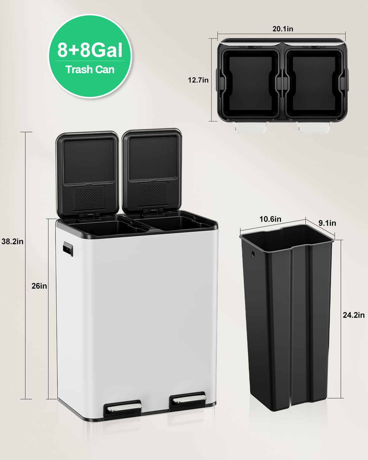 TLSUNNY Kitchen Dual Trash Can, 16 Gal Hands-Free Stainless Steel Garbage Can, Classified Rubbish Bin with Double Compartments, Soft-Close Lid, Inner Bucket, Odor Control (30L x 30L Capacity) (White)