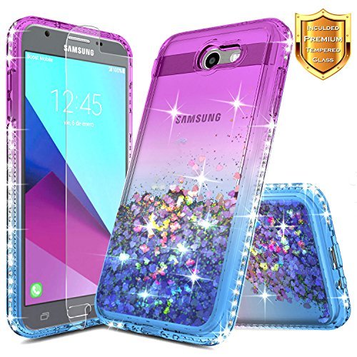 NageBee Glitter Liquid Flowing Sparkle Bling Diamond Case, Purple/Blue for Samsung Galaxy J7 2017 (J727), J7 Prime, J7 Sky Pro, J7 V/J7V, J7 Perx (Tempered Glass Screen Protector)