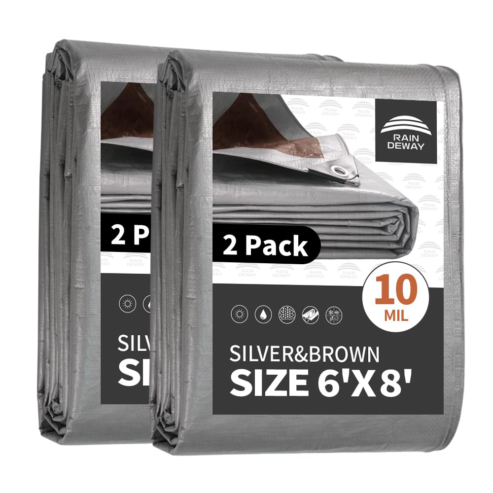 RAINDEWAY Tarps Heavy Duty Waterproof 6x8 Feet(2 Pack),10Mil Thick Multipurpose Poly Small Tarp Cover with Metal Grommets and Reinforced Edges,Silver/