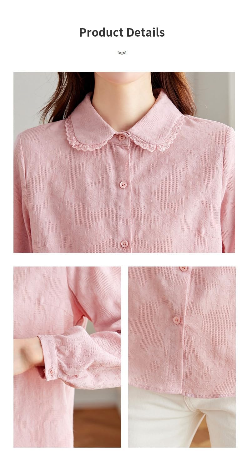 Camisas De Manga Larga De Algodón para Mujer, Blusa Tipo Túnica De Jacquard con Botones Y Ribete De Encaje Y Solapa Azul, Informal, Ajustada, para Uso Diario, Estilo Camisola Elegante.