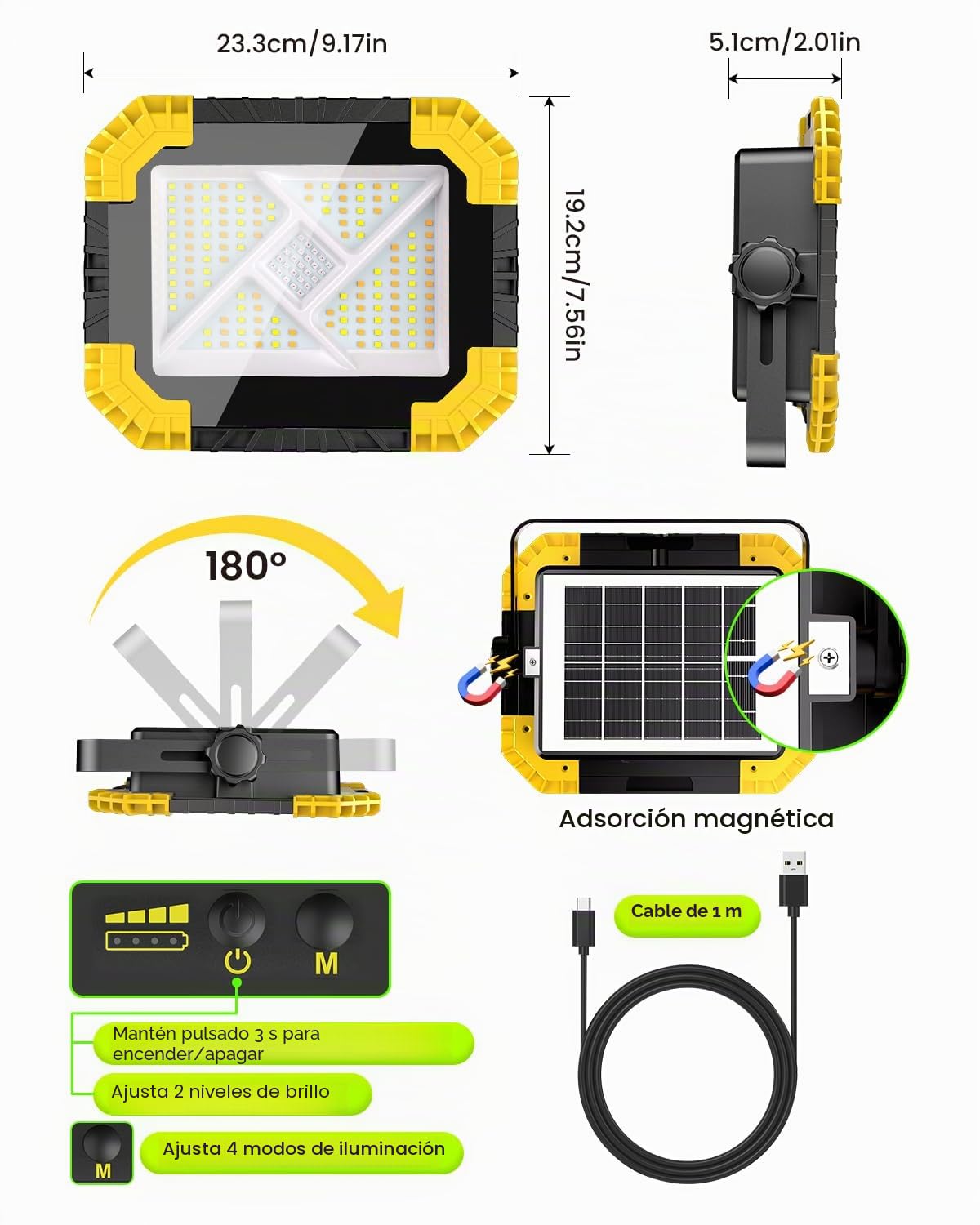 CLV Foco LED Recargable 200W 20000mAh Luz De Trabajo Portátil USB 4 Modos | 2 Brillo Luz Led Recargable Carga Solar USB Foco LED Bateria Magnética Impermeable IP66 Para Pesca Emergencias Taller