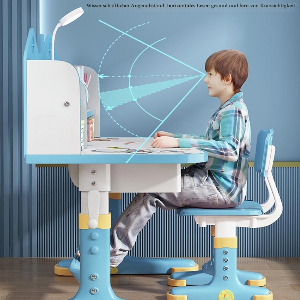 Kinder-Schreibtisch- und Stuhl-Set, höhenverstellbar, Kinderstudiertisch mit Schublade, Bücherregal, Kindersitztisch für Jungen, Mädchen, Schule, Zuhause, Arbeitszimmer (Space Blue)