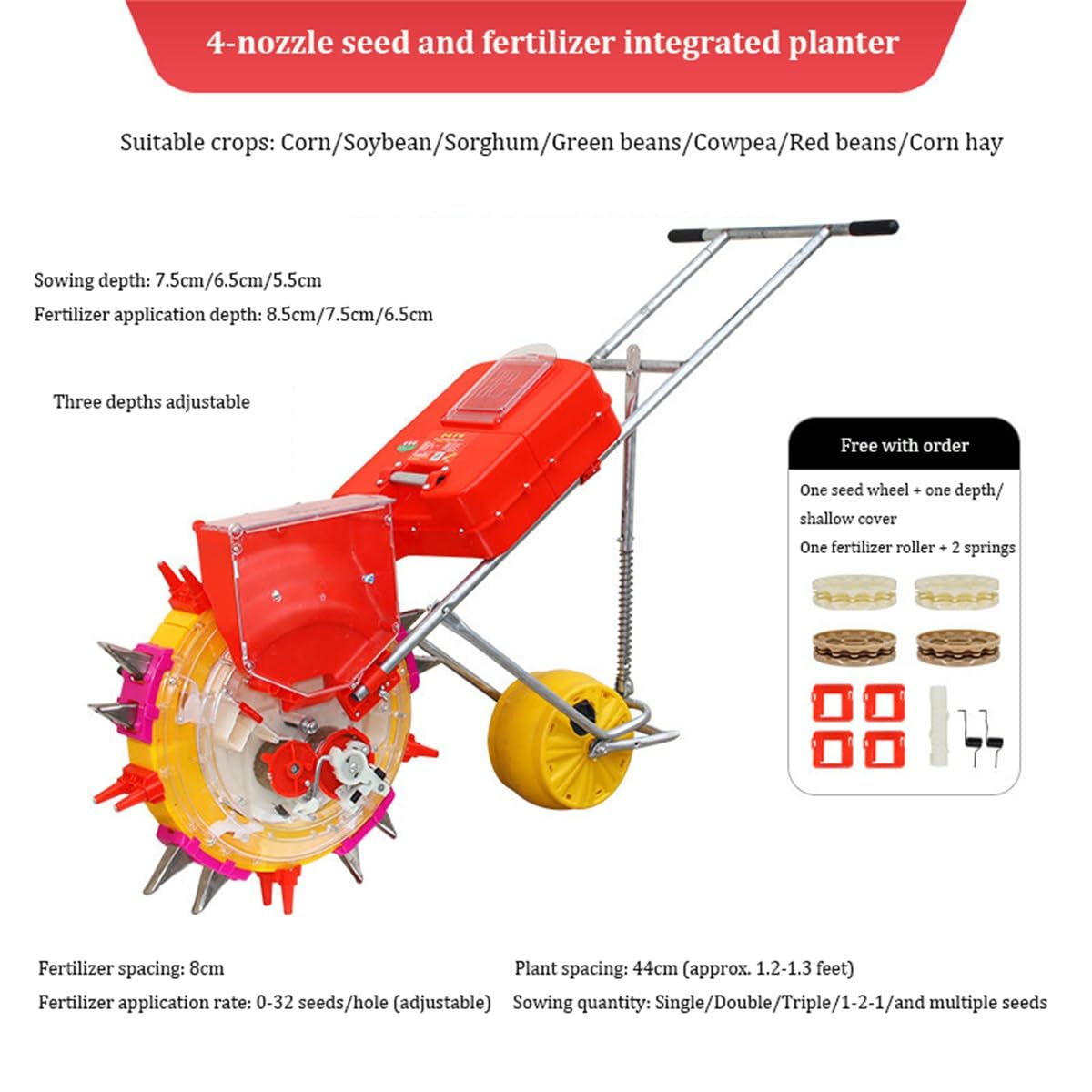 Seminatrice manuale con applicatore di fertilizzanti, seminatrice da giardino con rullo, profondità regolabile, per piantare mais, cotone, soia, arachidi(4 holes)