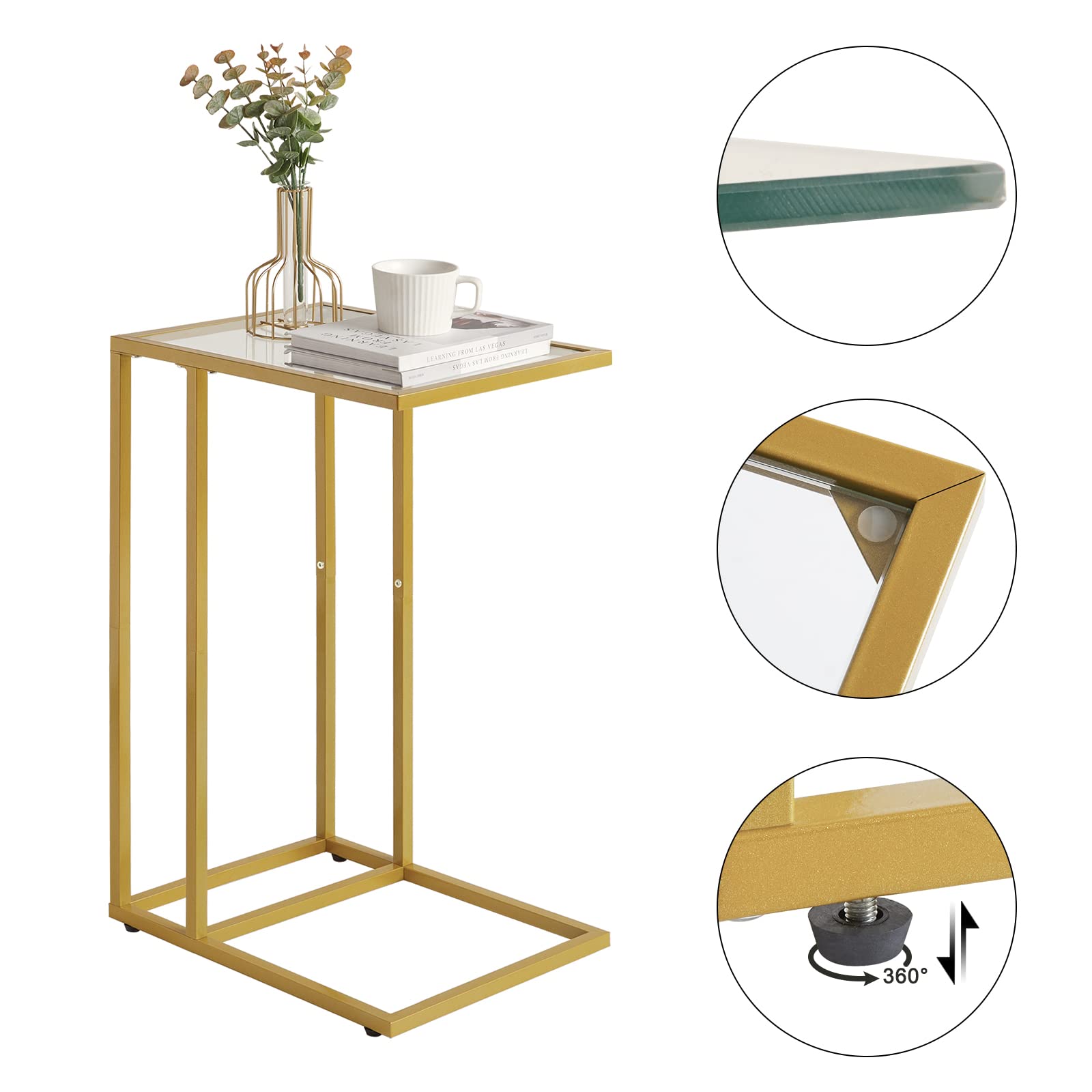 YMYNY Tavolino a forma di C, tavolino in vetro temperato, tavolino per piccoli posti, tavolino da caffè per corridoio, ufficio, camera da letto, soggiorno, struttura in metallo, oro, 63 x 40 x 30 cm,