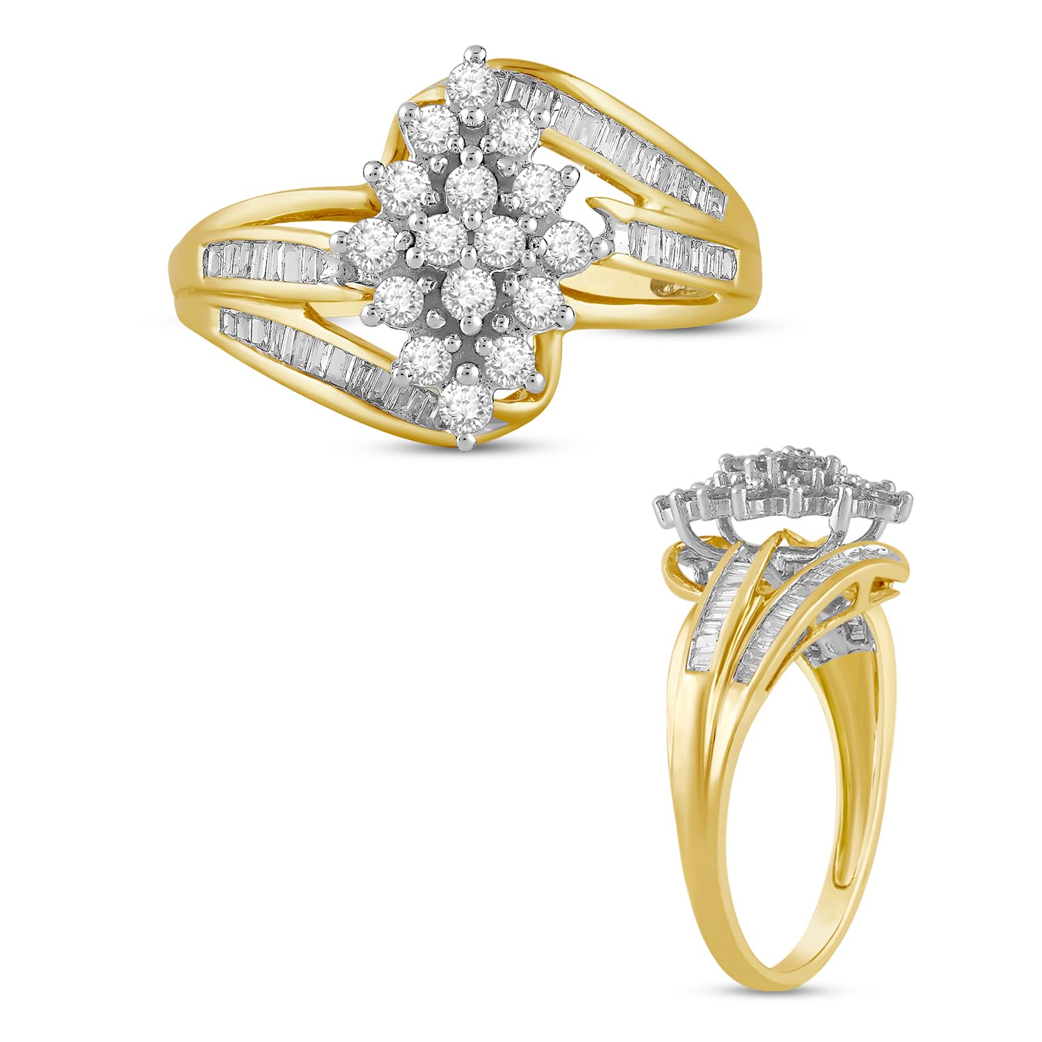 Jewelili 10K Yellow Gold 1/2 CTW Natural White Round & Baguette Diamond Cluster Ring for Women | Dainty Fine Jewelry with Gift Box