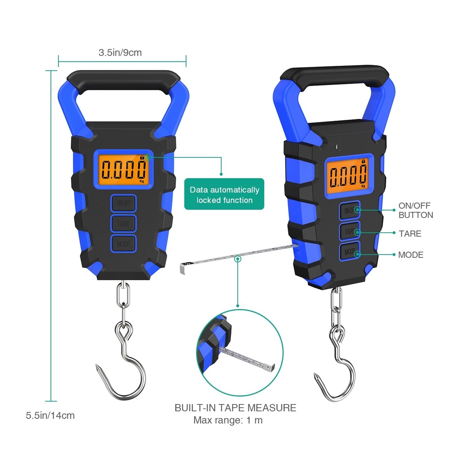 Bilancia A Sospensione da 50 kg con Righello, Digitale Portatile A Forma di Gancio per Pesca, Bilancia Elettronica per Bagagli con Display A LED per Garage E Fattoria,Blue-50Kg