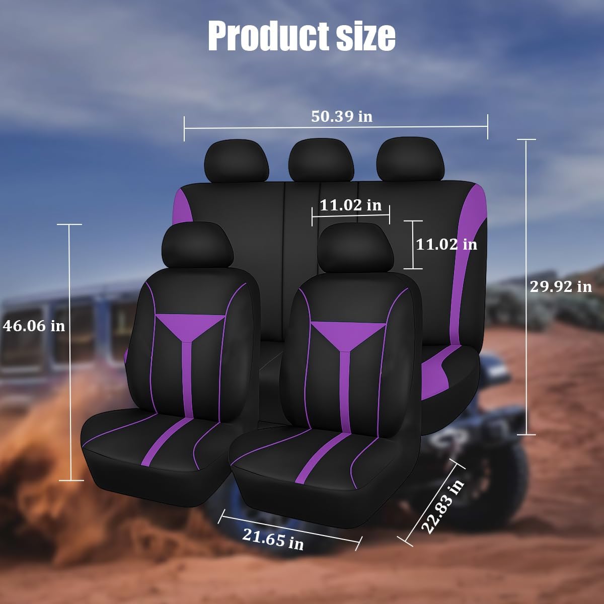 Car Seat Cover Full Set, Front Rear Split Bench Protector, Purple