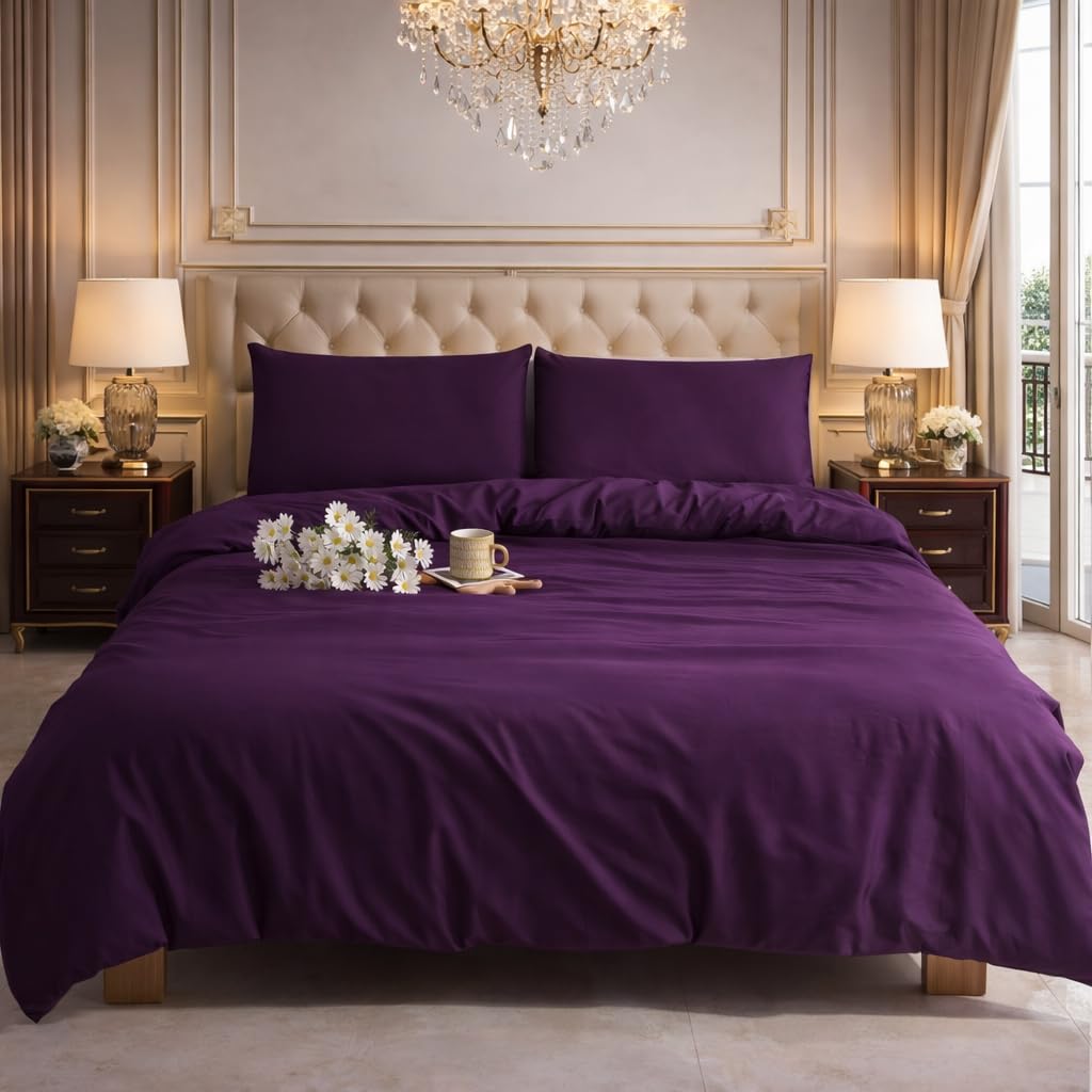 Charkhah Purple Double Size Duvet Cover Set | Soft Microfibre Bedding Set With 2 Pillowcases | Reversible Quilt Cover With Zip Closure | Easy Care, Breathable | Uk Size 200 X 200 Cm
