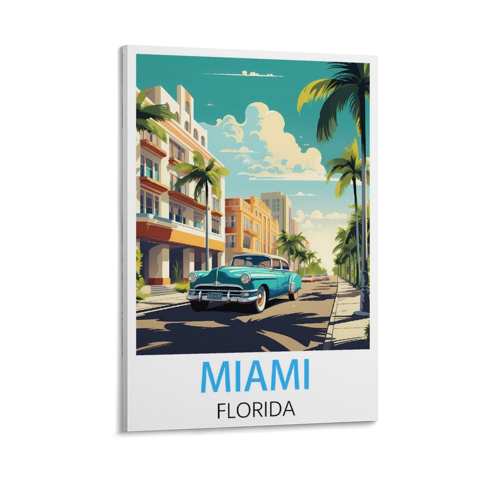 Javon Frame-Style Miami Florida Vintage Travel Posters 16X24inch(40X60cm) Canvas Art Poster And Wall Art Picture Print Bedroom Decor